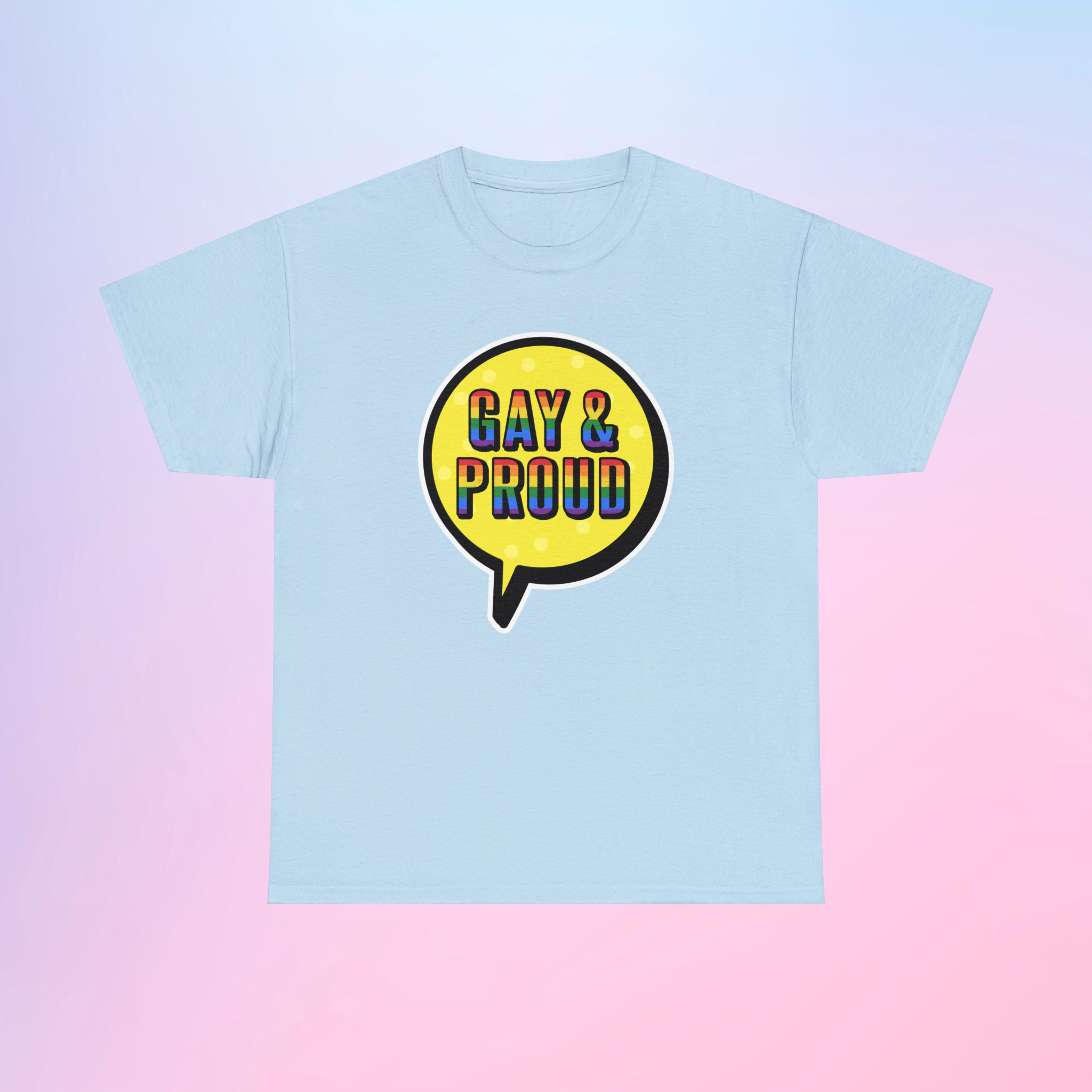 A comfortable Gay & Proud t-shirt with pride logo.