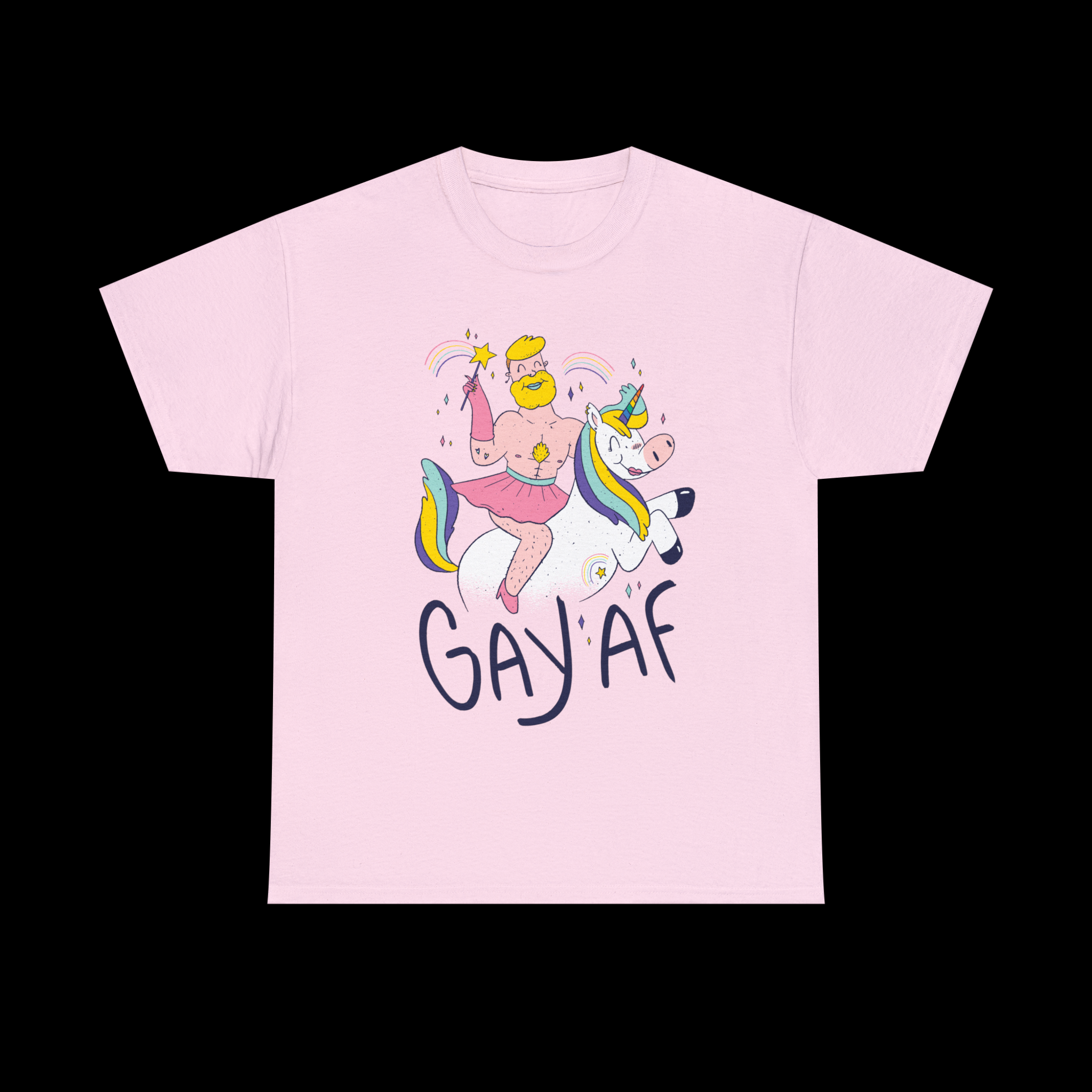 This GAYAF T-Shirt, made of 100% cotton, features a picture of a man riding a unicorn.