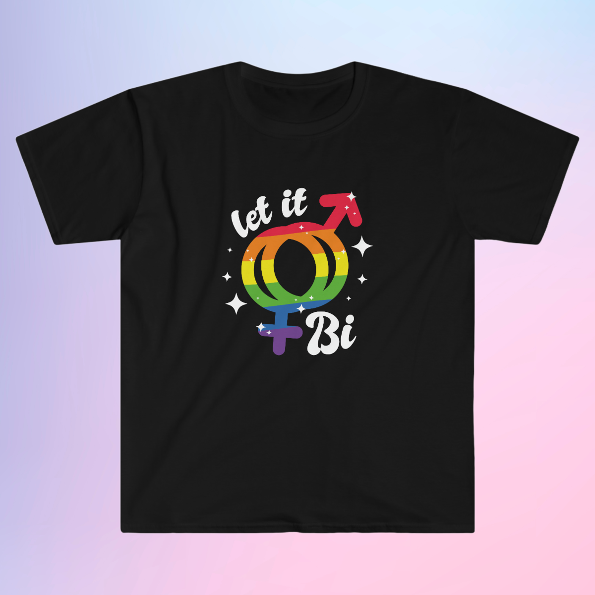 A black Let it Bi T-shirt that proudly displays the phrase "Let it Bi" alongside the bi flag, celebrating and embracing one's bi-curious side.