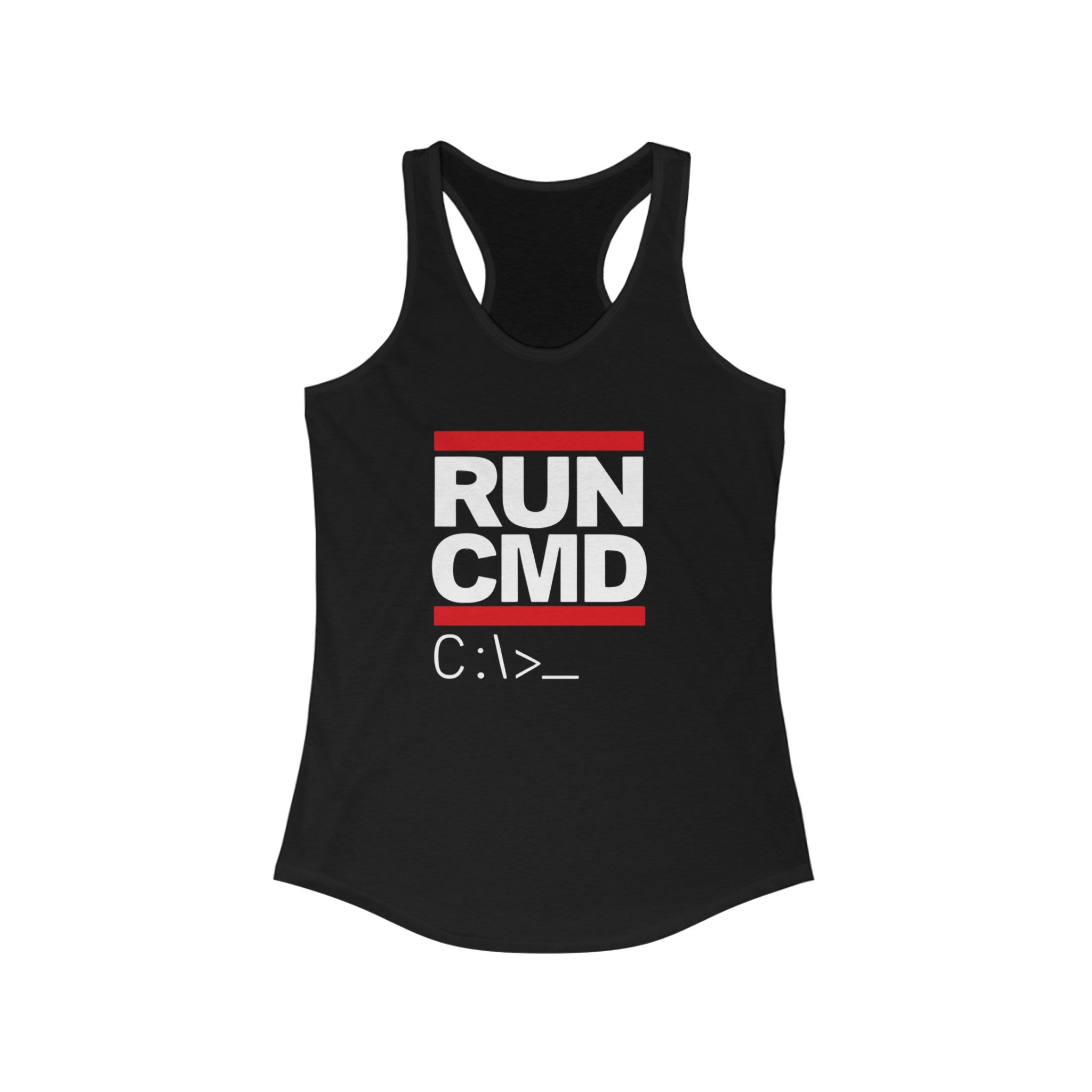 The RUN CMD - Women's Racerback Tank, designed specifically for women, showcases bold white and red text that reads "RUN CMD" above "C:\>_," making it ideal for active lifestyles.