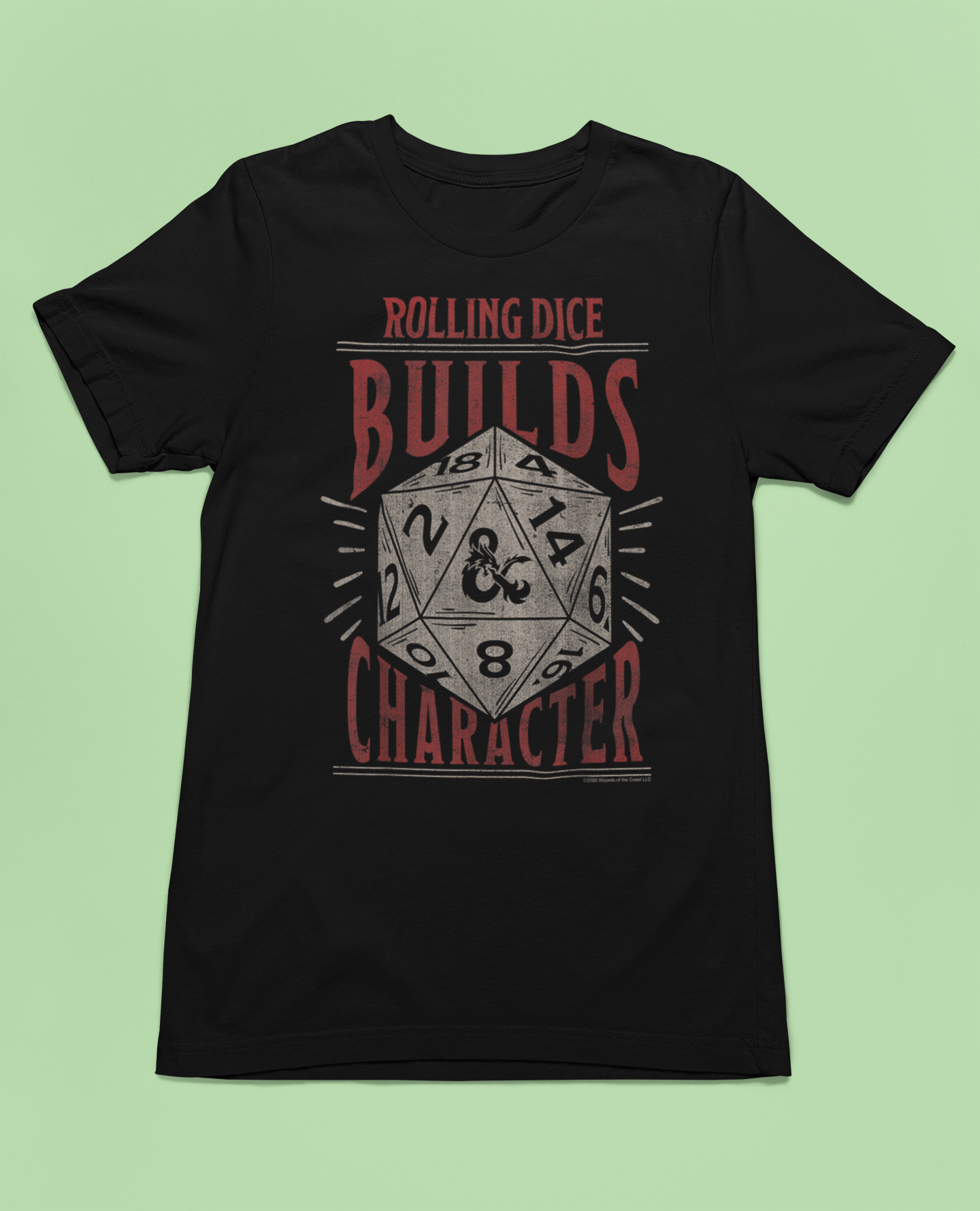 Black Rolling Dice Builds Character tee-shirt with gaming graphic text and dice illustration.