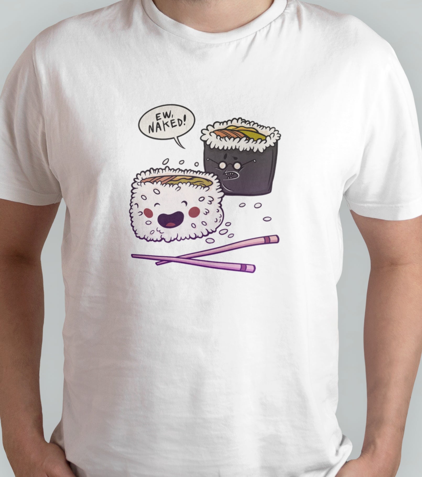 A man wearing a Naked Sushi T-Shirt with seafood and chopsticks.