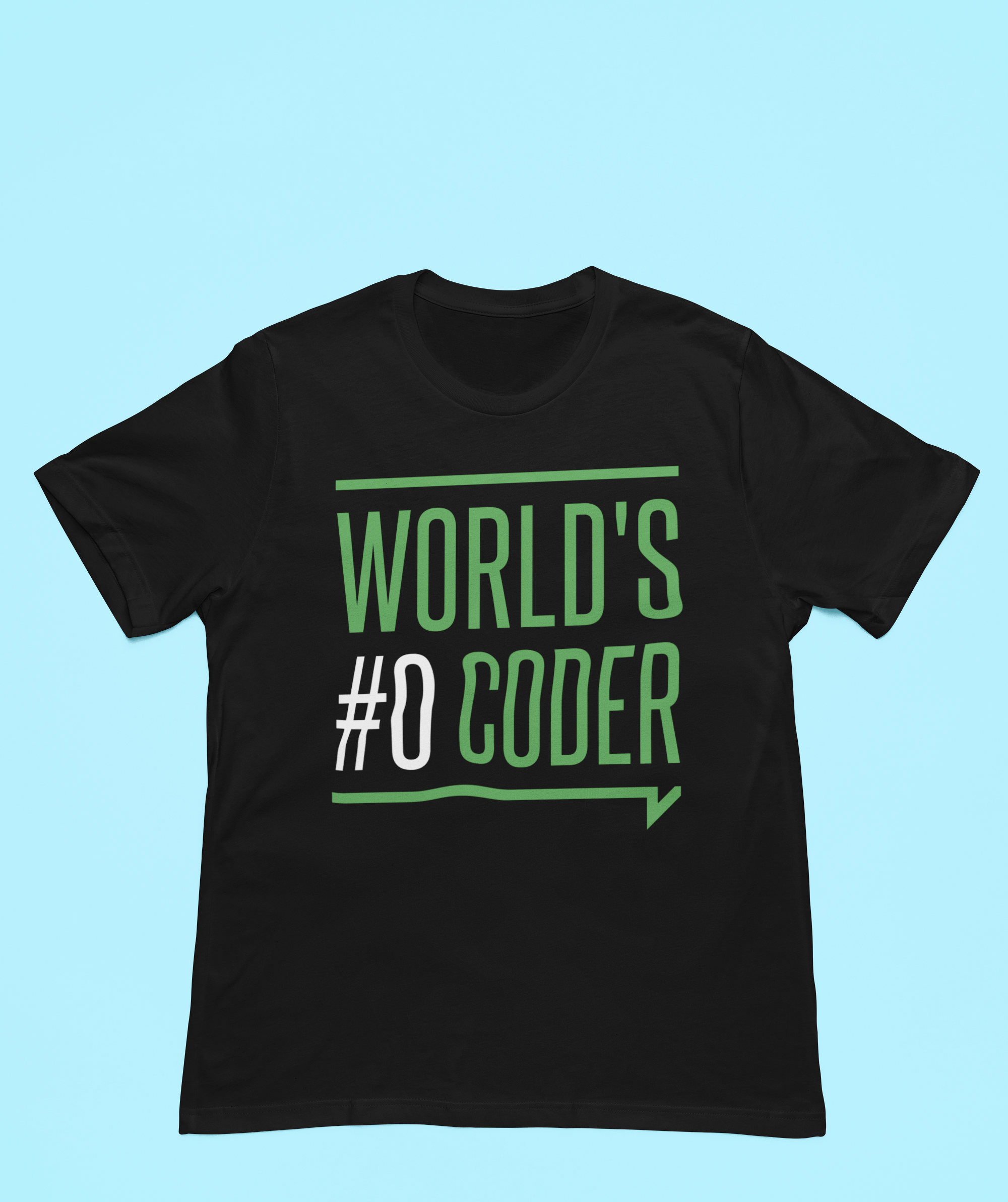 World's #0 Coder T-Shirt with the text "World's #0 Coder" printed in green, admired by coding peers.