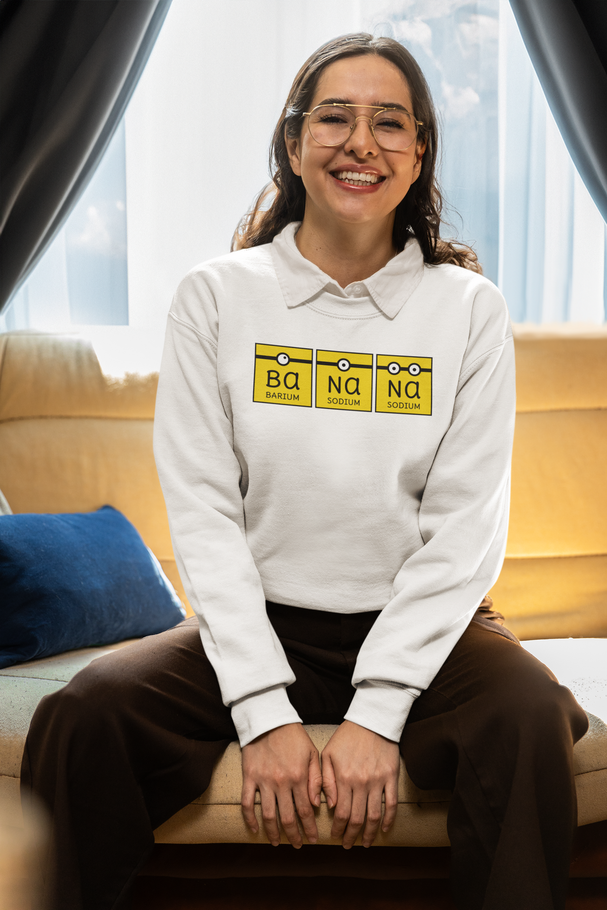 Ba-Na-Na periodic table banana element pun crewneck sweatshirt, flat lay with the graphic centered