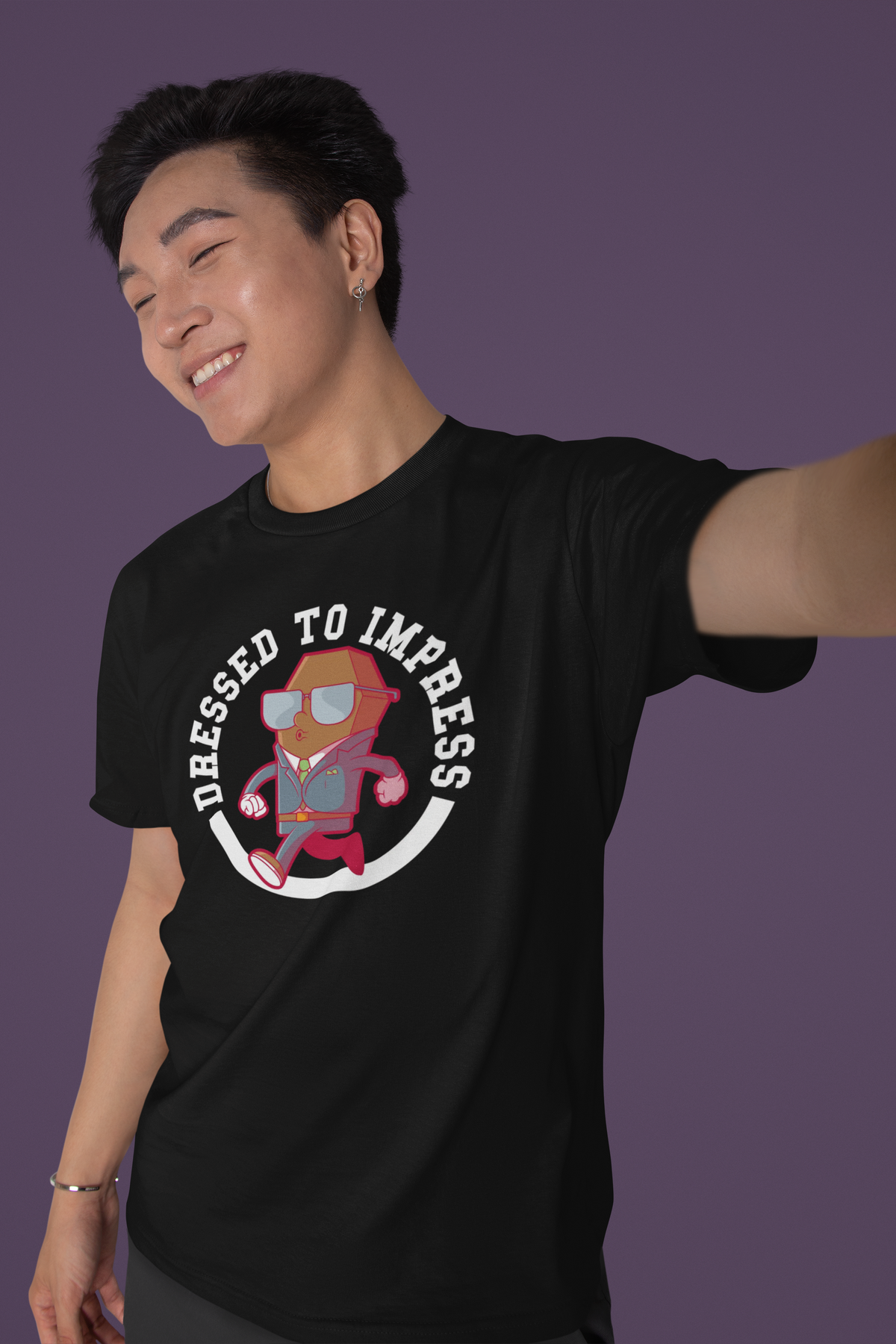 'Dressed To Impress' bear t-shirt in black, smiling man wearing it