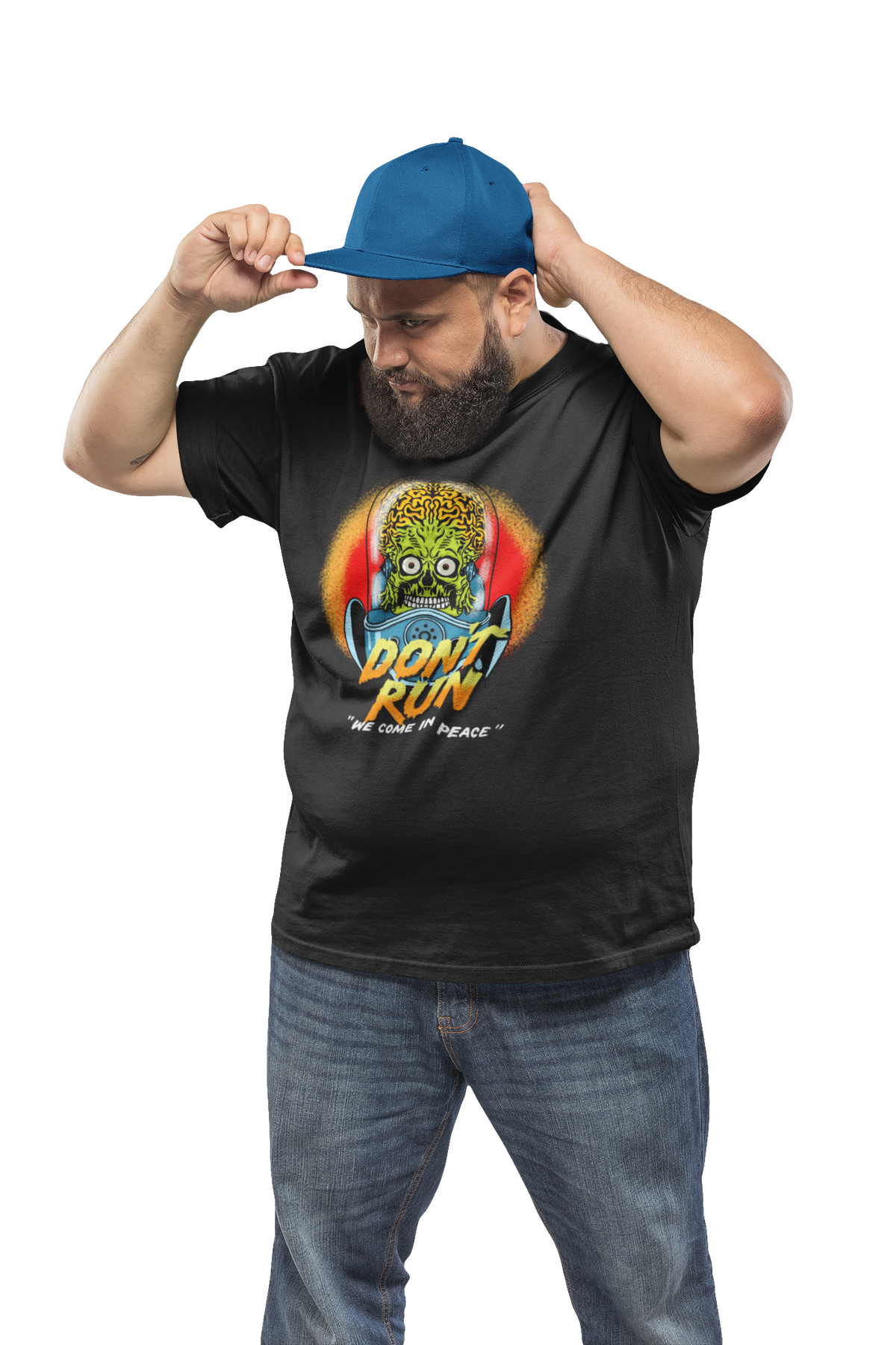 'Don't Run' alien t-shirt in black, bearded man wearing a cap, funny sci-fi horror shirt