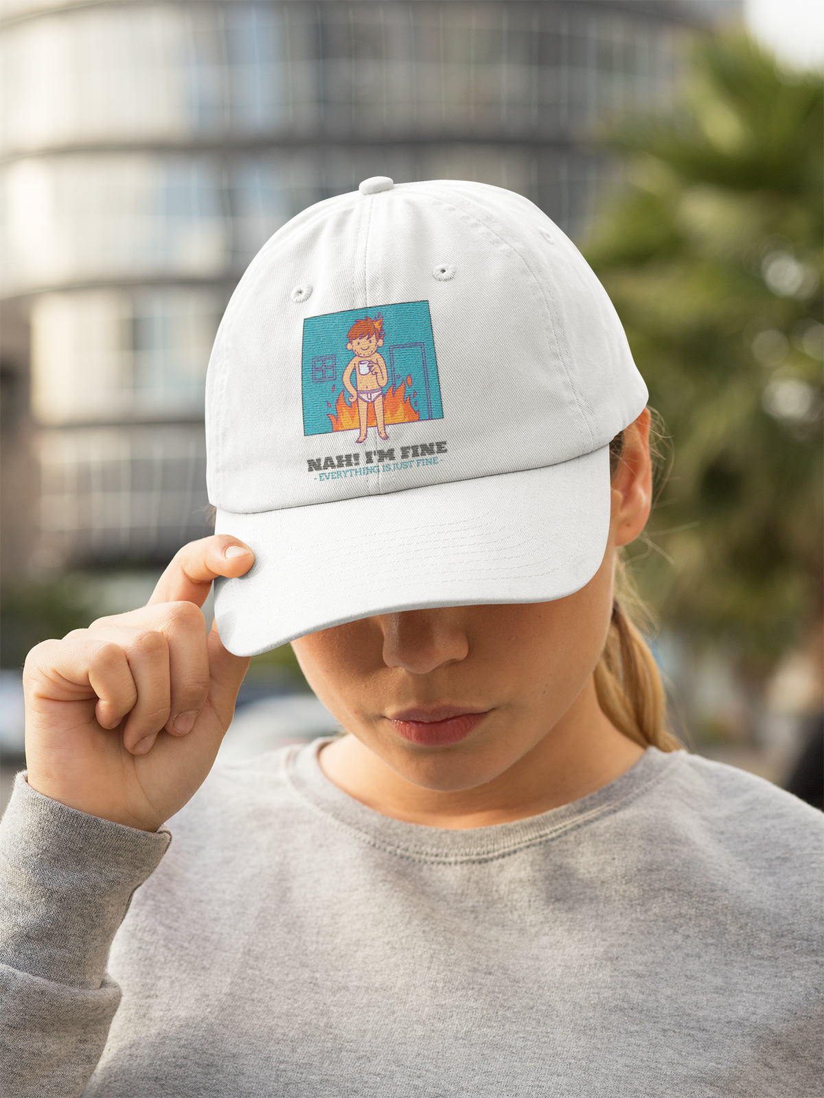 'Nah! I'm Fine' this is fine meme dad hat in white, woman wearing it in city street, funny cap gift