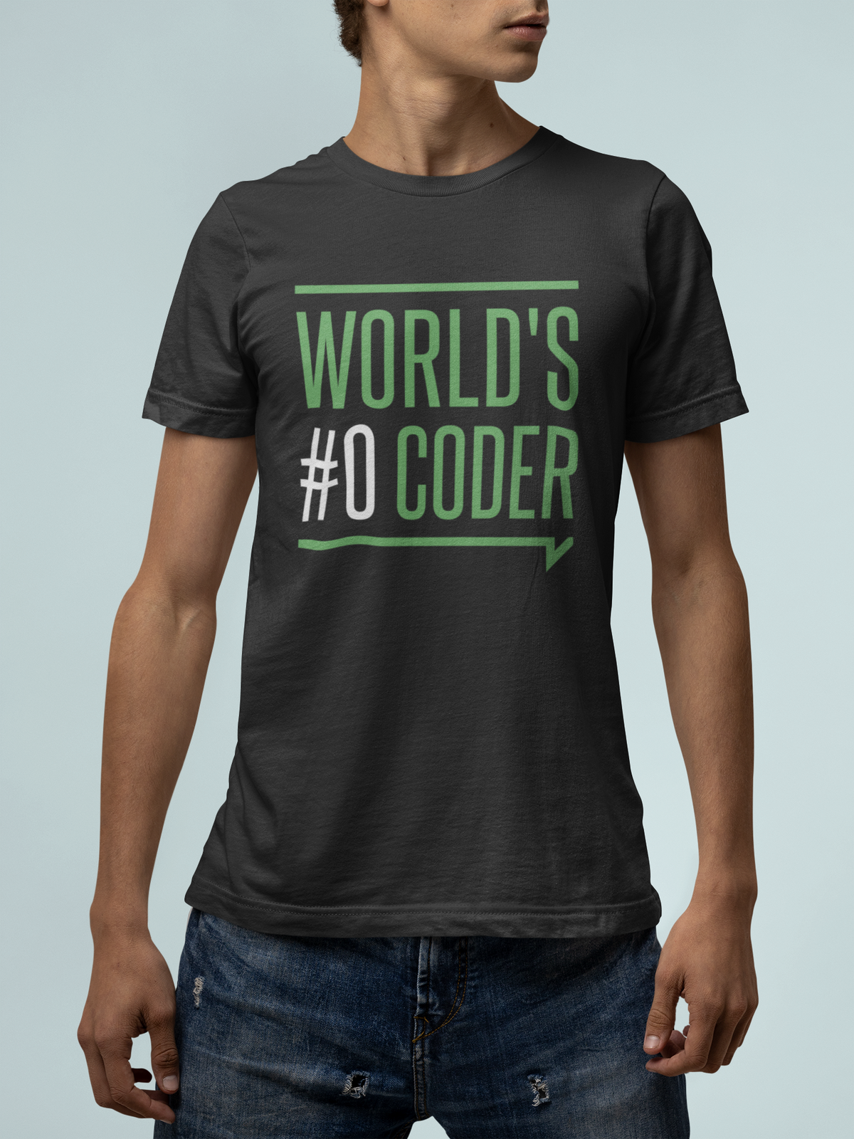 'World's #0 Coder' t-shirt in dark heather gray, man model wearing it against a light blue background, coder gift