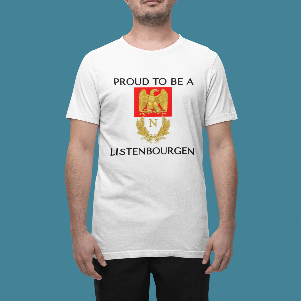 'Proud To Be A Listenbourgen' crest t-shirt in white, man wearing it outdoors