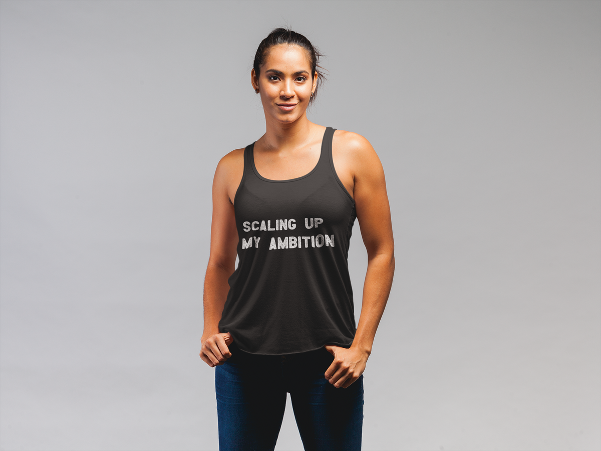 'Scaling Up My Ambition' tank top in black, woman wearing it with leggings, funny motivational gym gift
