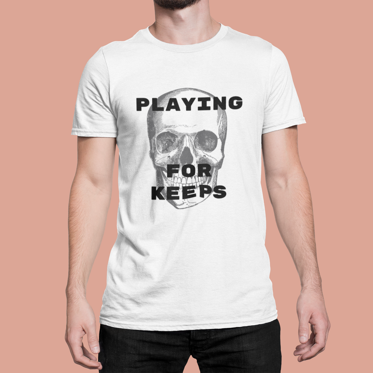 'Playing For Keeps' skull t-shirt in white, man wearing it studio shot, edgy gothic gift shirt