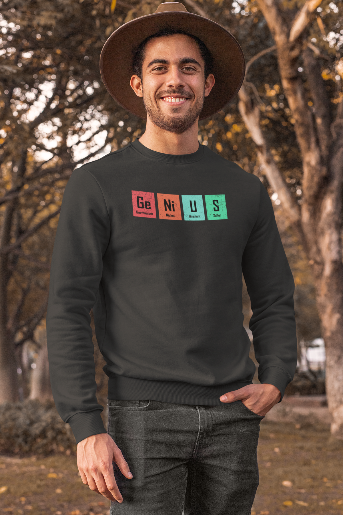'Genius' periodic table pun sweatshirt in charcoal, man outdoors, funny chemistry gift for him