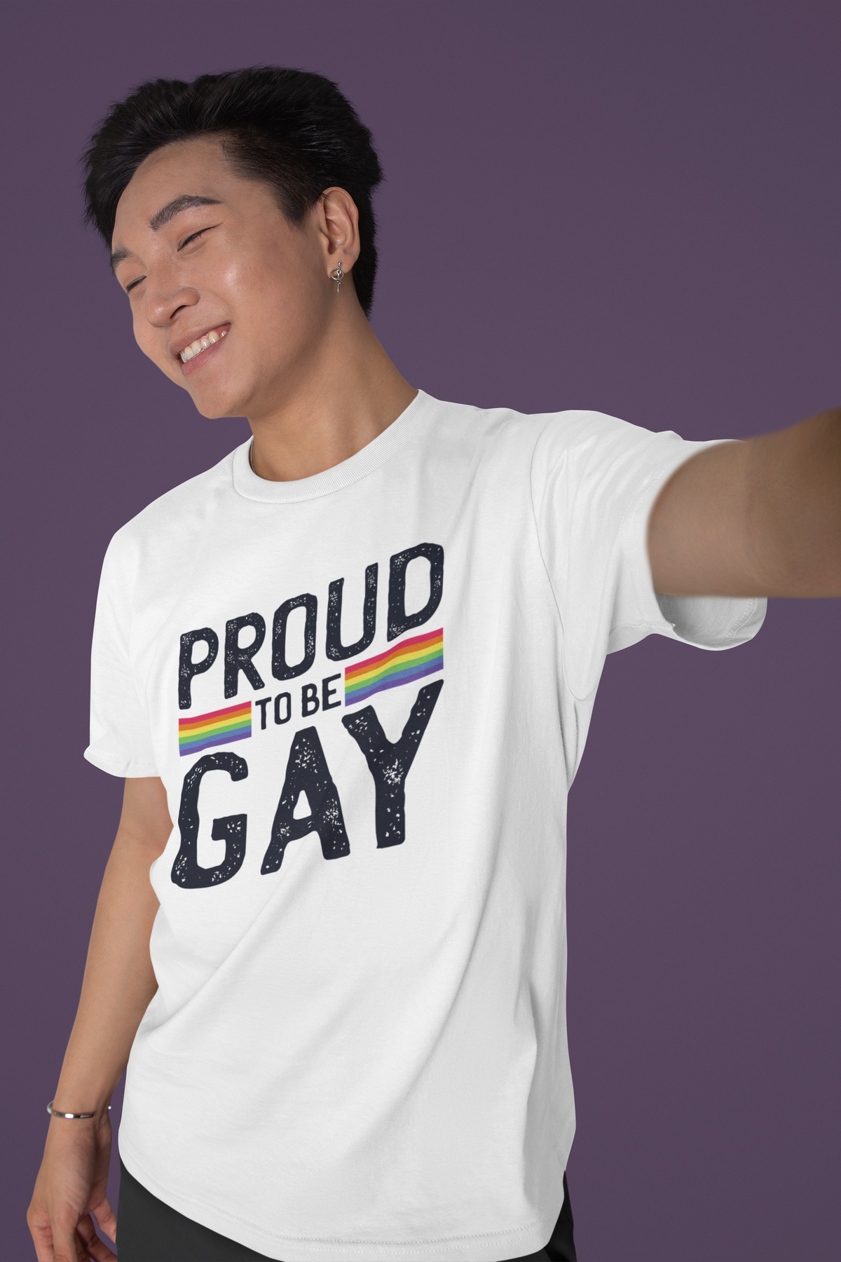 'Proud to Be Gay' T-shirt in white, man wearing it selfie style, funny gift for gay pride
