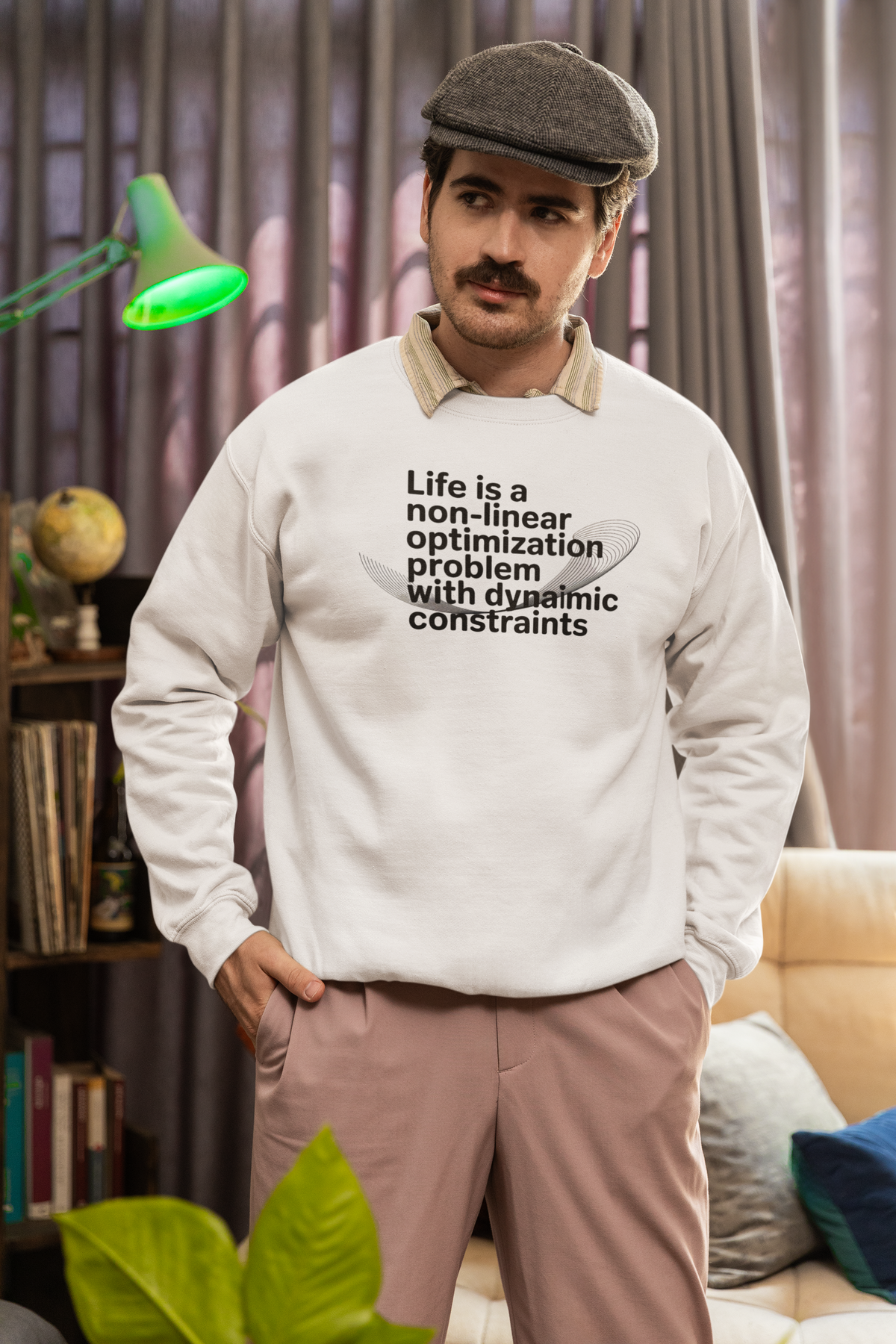 'Life Is a Non-Linear Optimization Problem' sweatshirt in white, man wearing it indoors with cap, math gift
