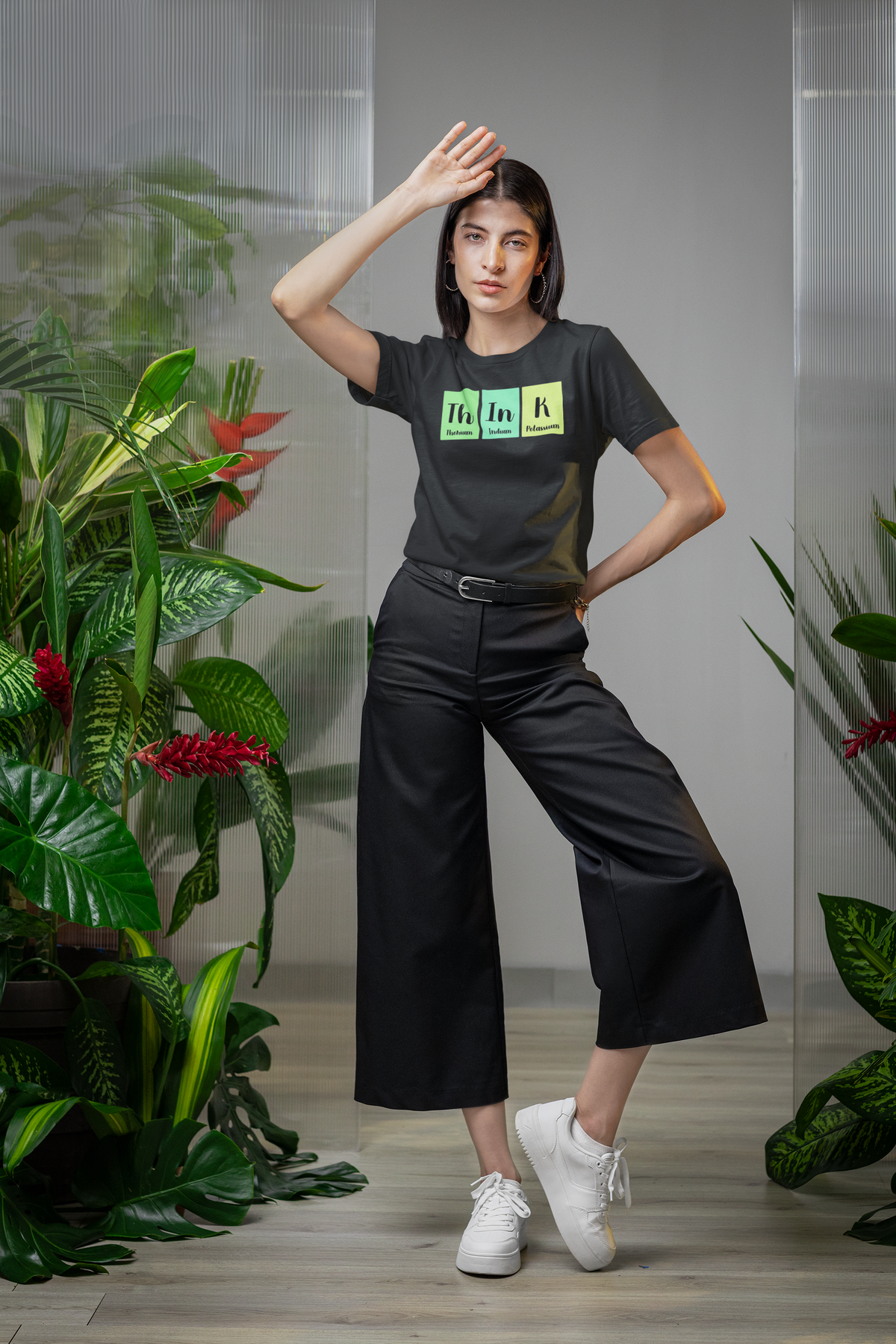 'ThInK' periodic table t-shirt in black, woman wearing it, funny chemistry graphic tee