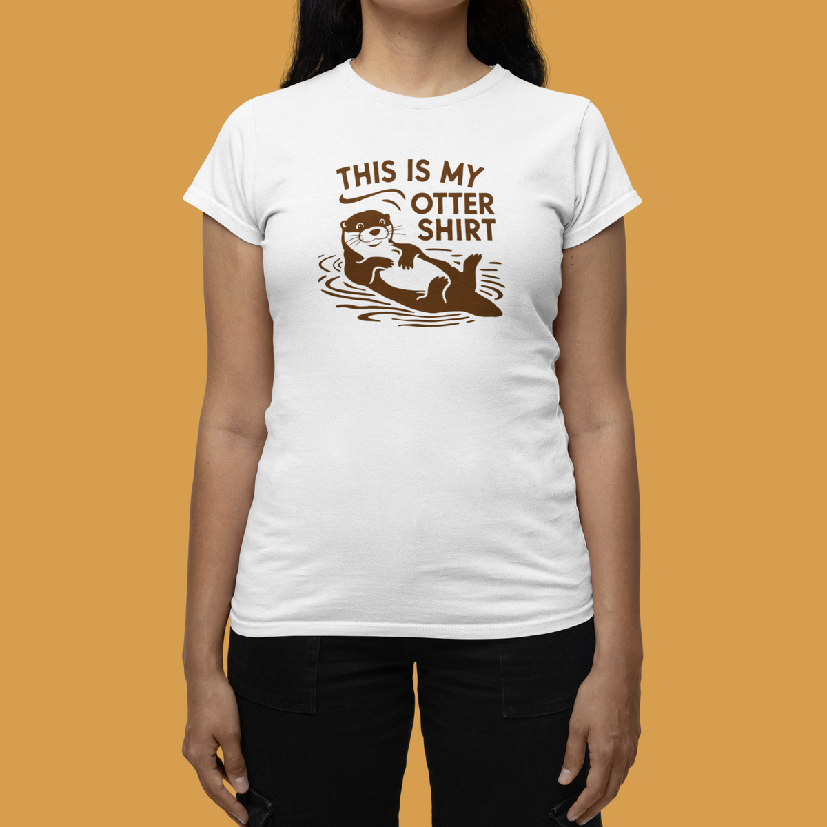'This Is My Otter Shirt' t-shirt in white, close up of woman wearing it, funny gift idea for her