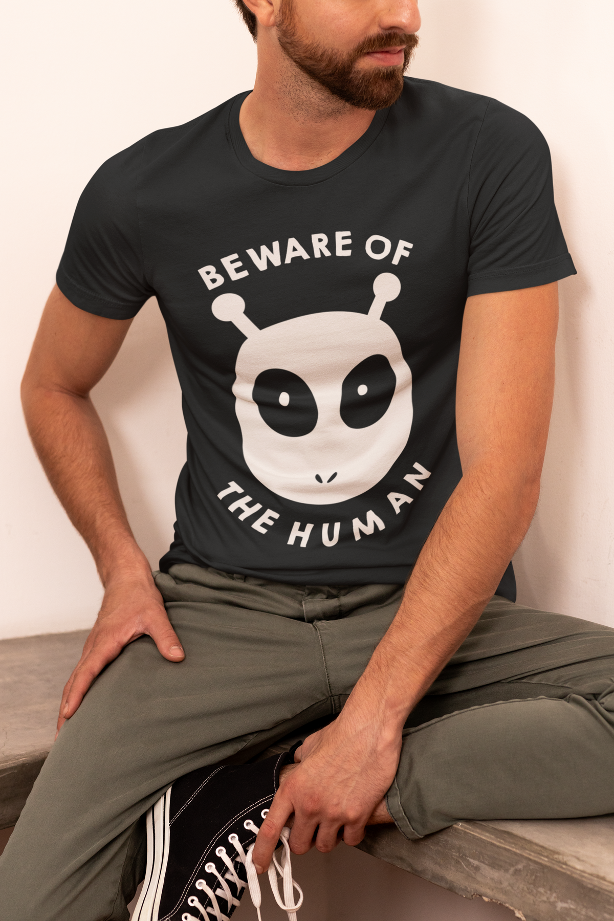 Beware of the Humans T-Shirt, flat lay with the full front graphic centered on the chest.