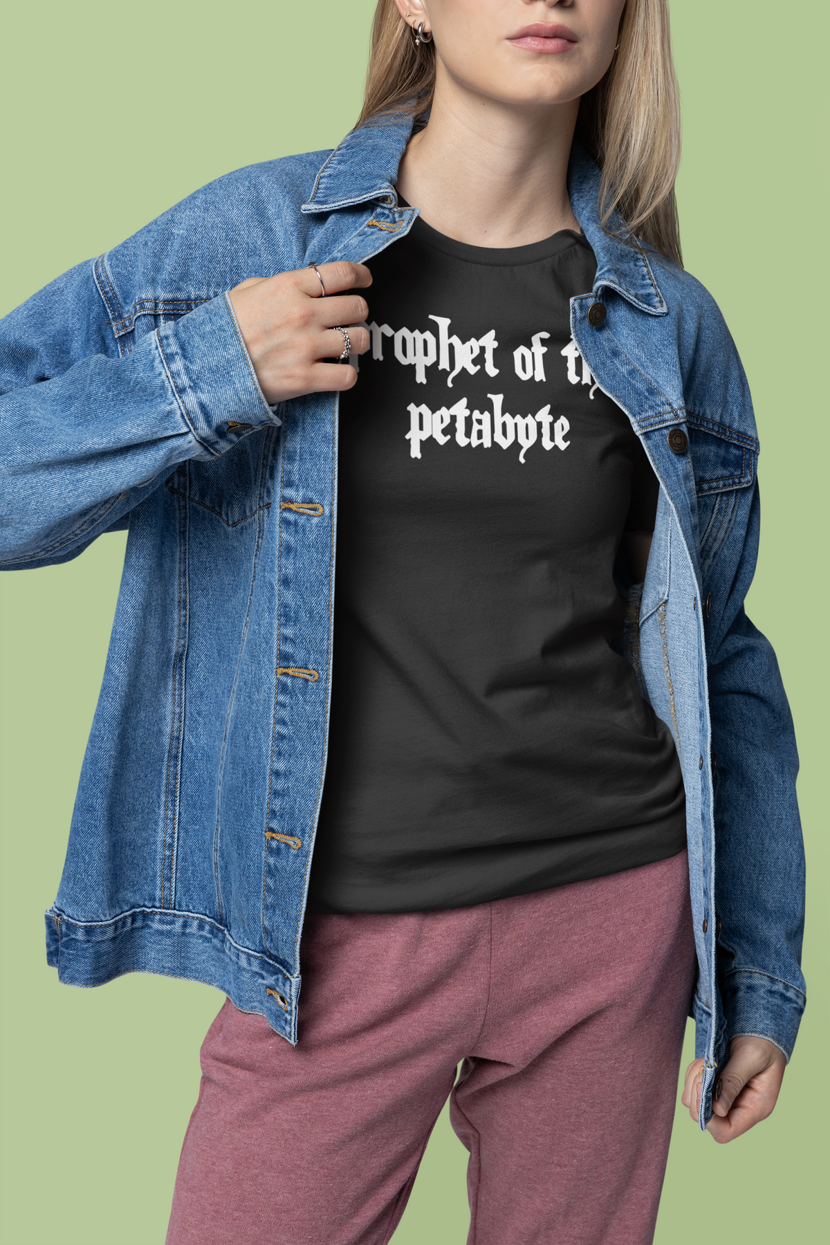 'Prophet of the Petabyte' t-shirt in black, woman wearing it under denim jacket, funny gift for tech women