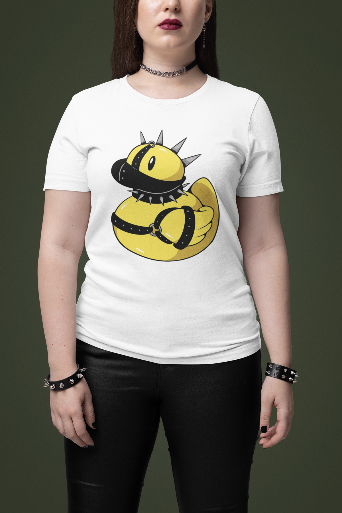 Punk spiked duck t-shirt in white, woman model wearing it against a dark green background, funny edgy gift
