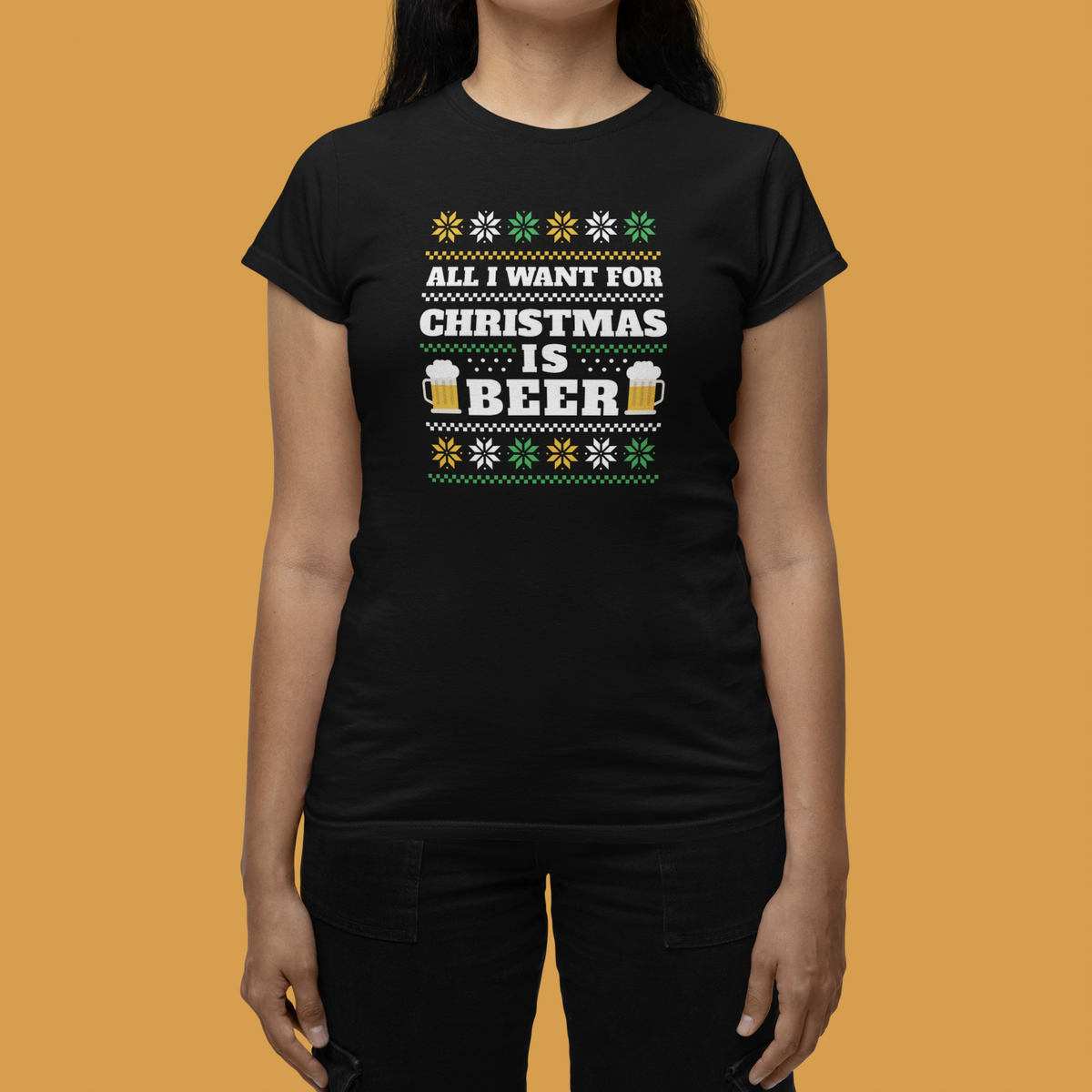 'All I Want For Christmas Is Beer' t-shirt in black, close up of woman wearing it, funny holiday gift