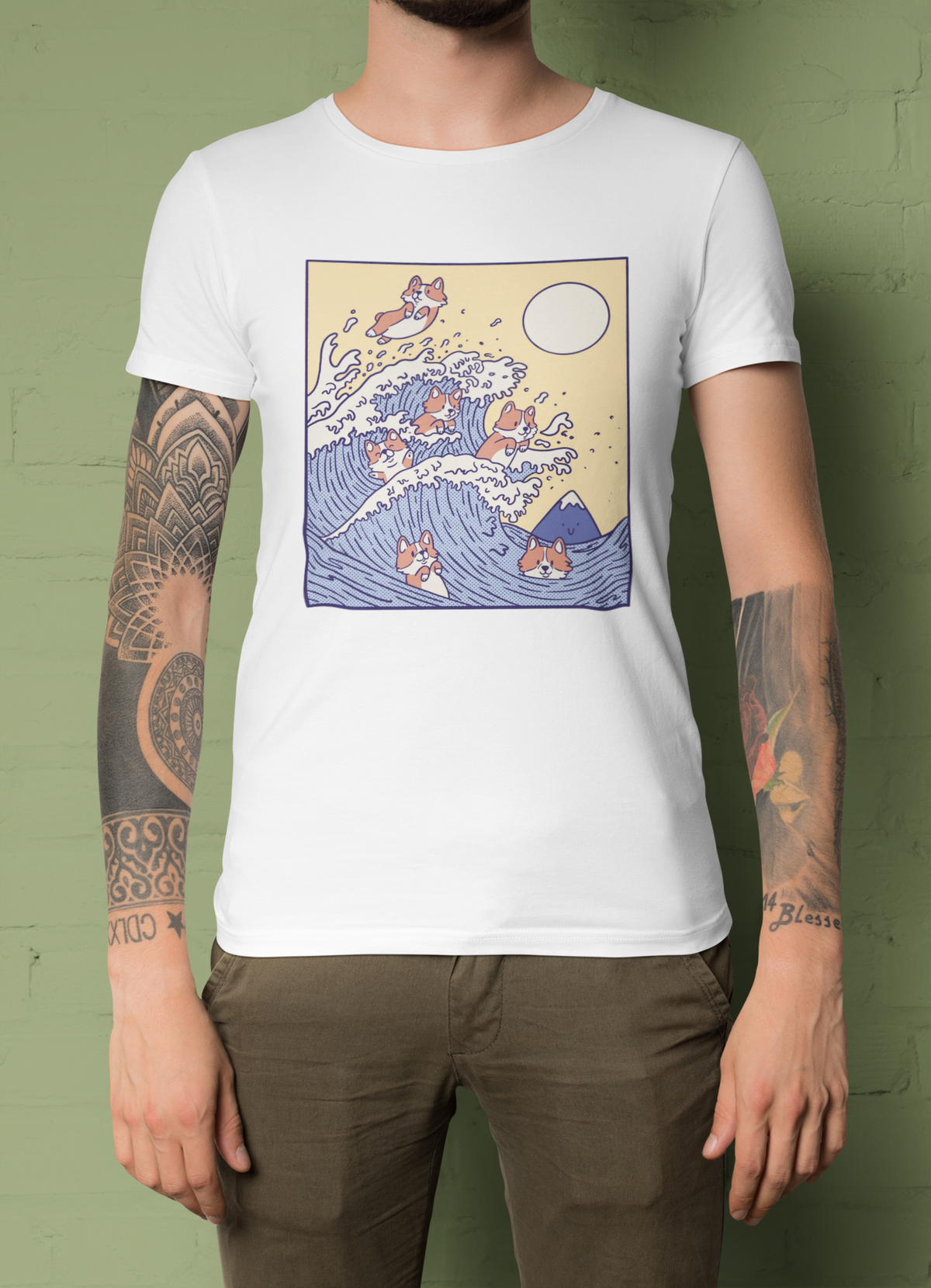 Wave of Cats T-shirt in white, man wearing it against a green backdrop, funny dog lover gift shirt