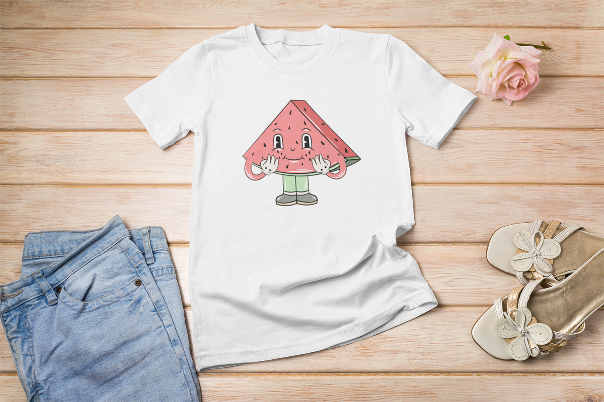 Cartoon watermelon t-shirt in white, lifestyle flat lay with jeans and sandals, funny summer fruit gift