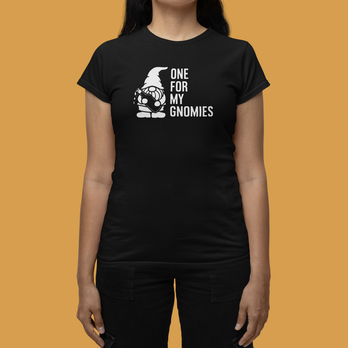 One For My Gnomies t-shirt in black, close up of woman wearing it, funny gift for her