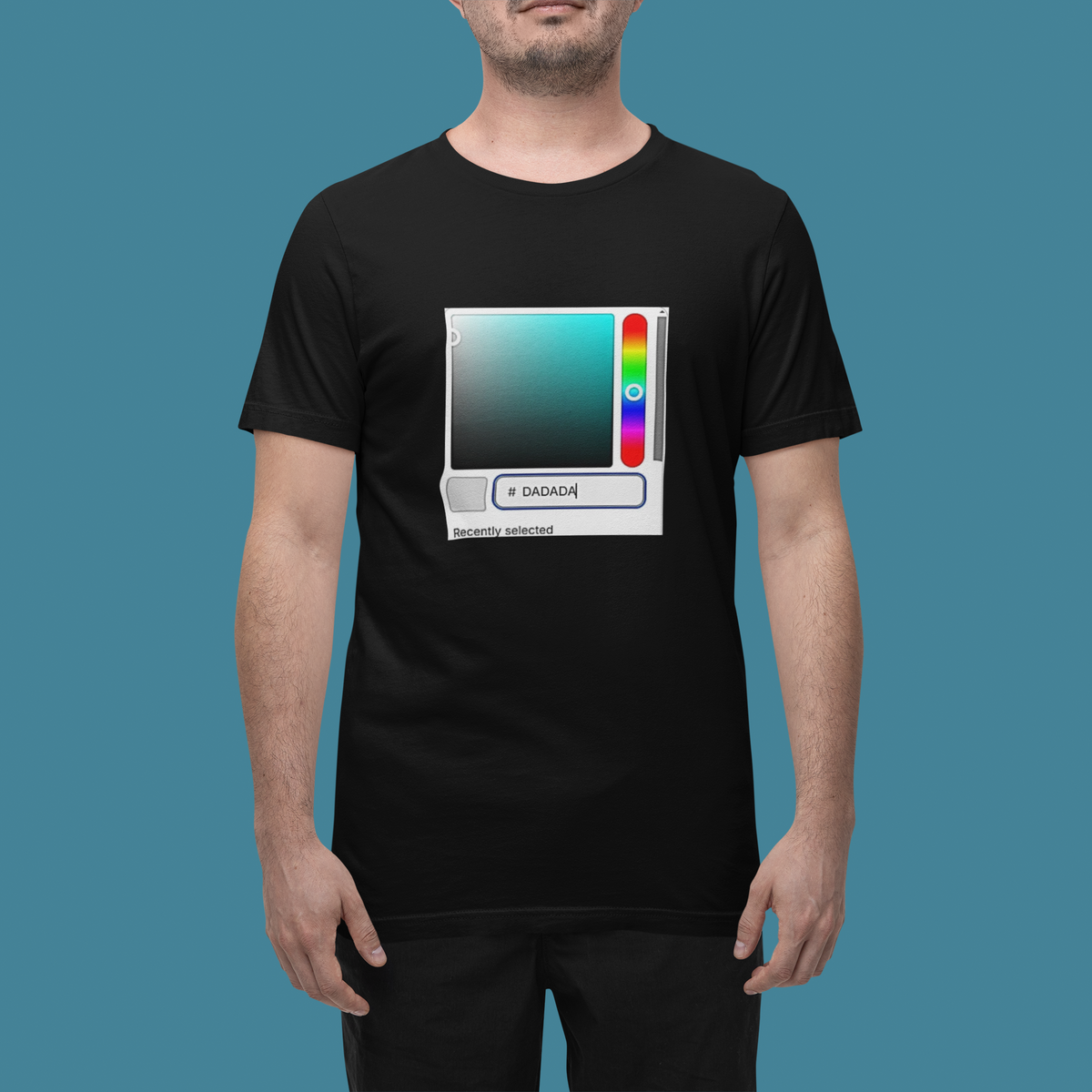 'DADA Paint Organic T-Shirt' in black, man in a studio, T-Shirt mockup, Geekpsters