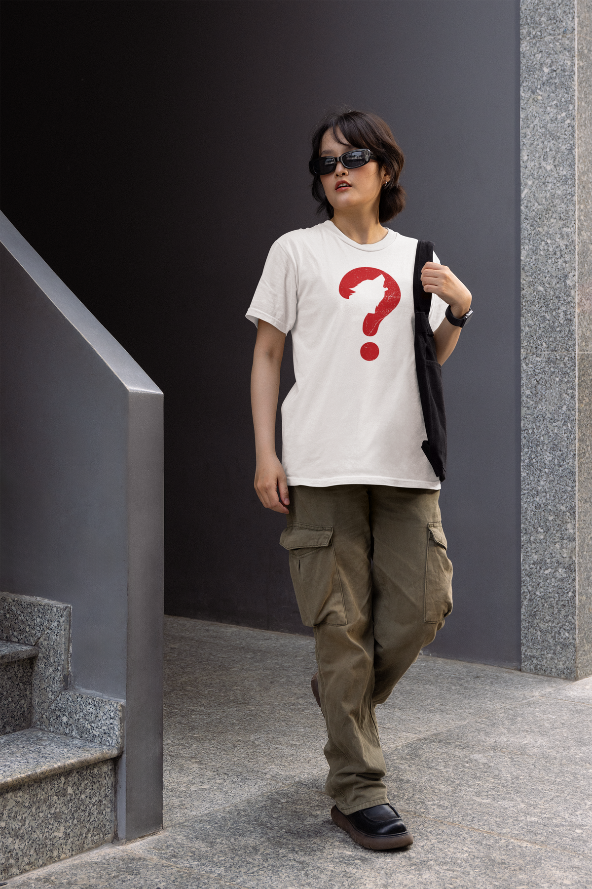 Wolf question mark women's t-shirt in white, woman wearing it, funny wolf pun shirt