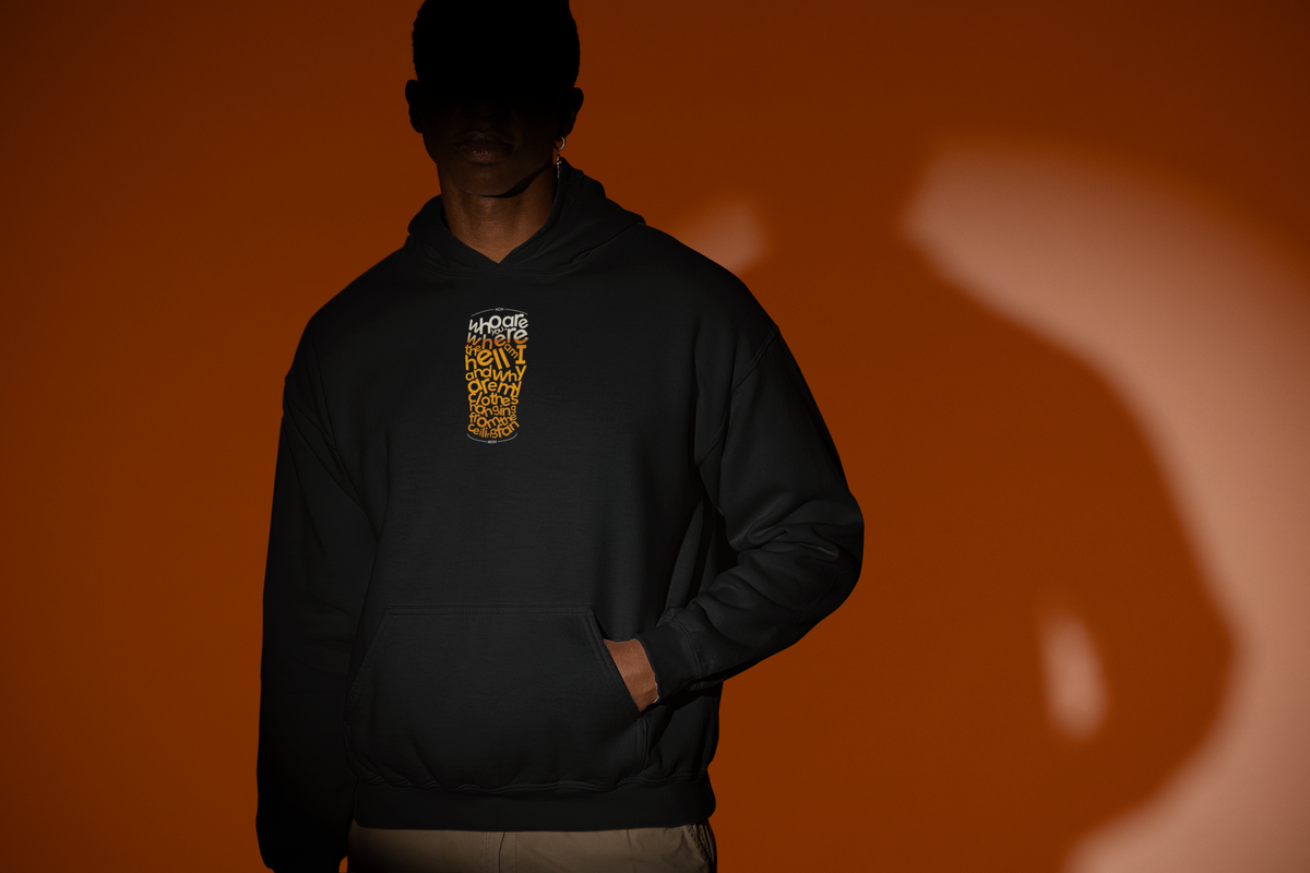 'Beer Word Art Hoodie' in black, man under a spotlight, Hoodie mockup, Geekpsters