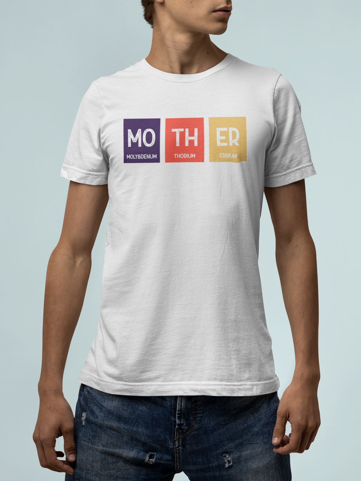 'Mo-TH-ER' periodic table t-shirt in white, man wearing it, funny science pun Mother's Day gift