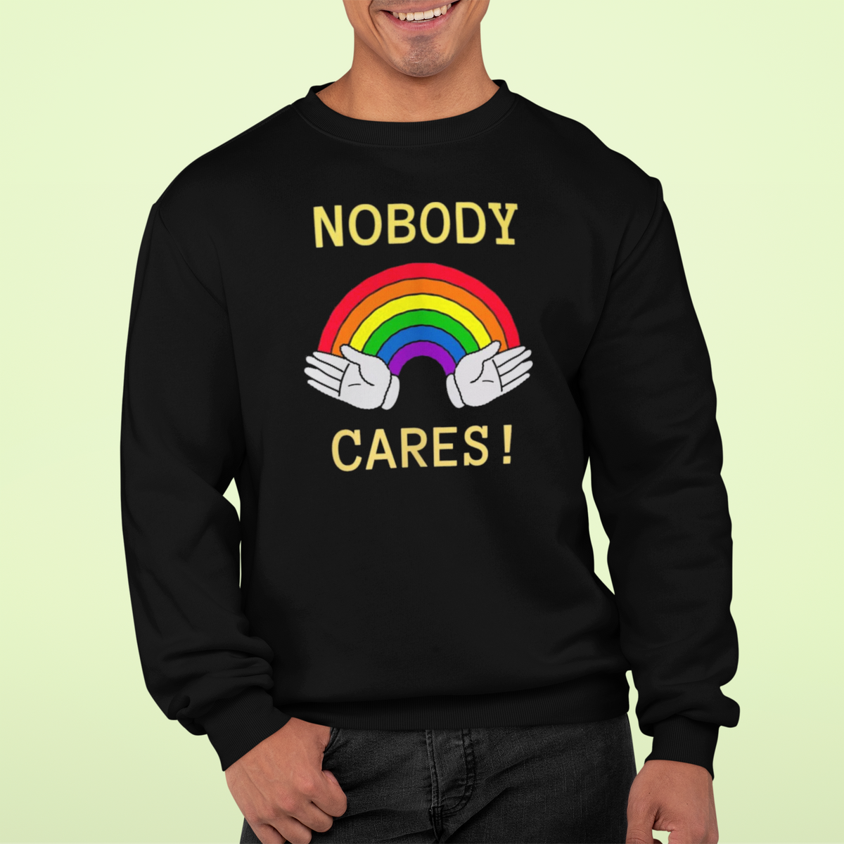 'Nobody Cares' sweatshirt in black, man wearing it in a studio, Sweatshirt mockup, Geekpsters