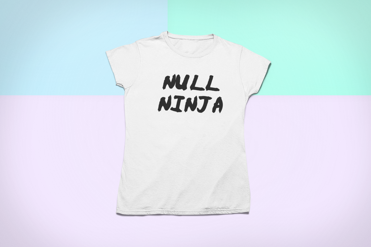 'Null Ninja' T-shirt in white, flat lay on pastel mint and lavender background, coder gift tee