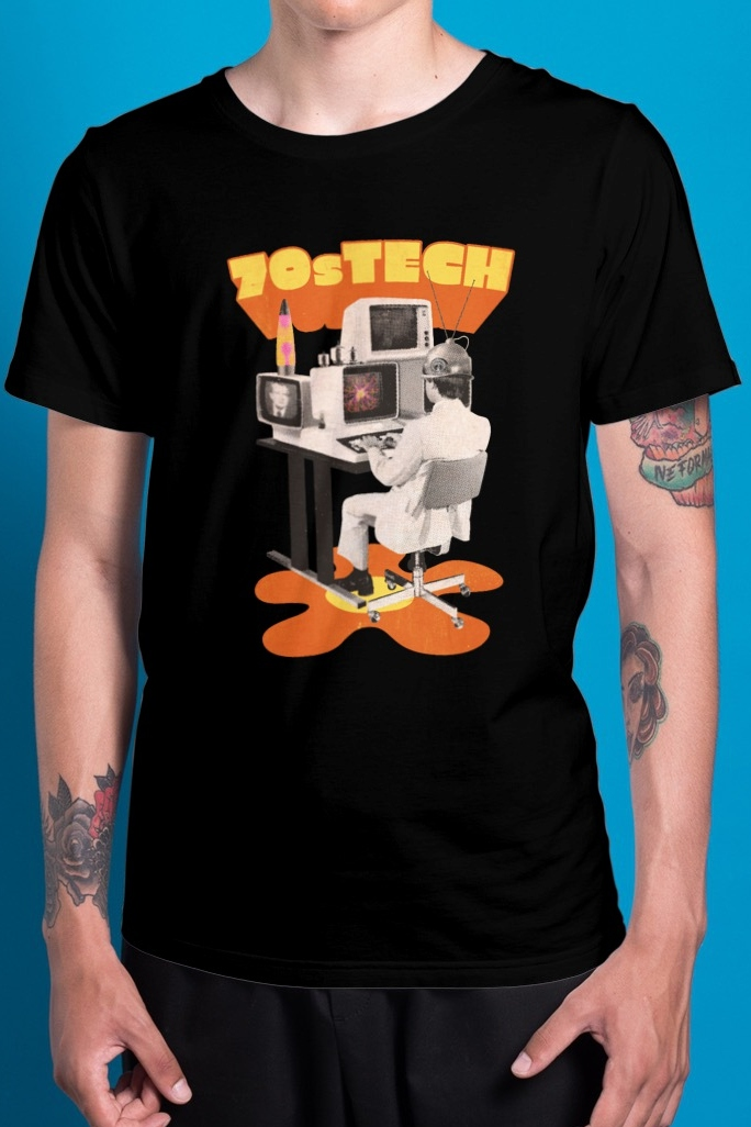 A man wearing a t - shirt with the word 70s Tech on it.