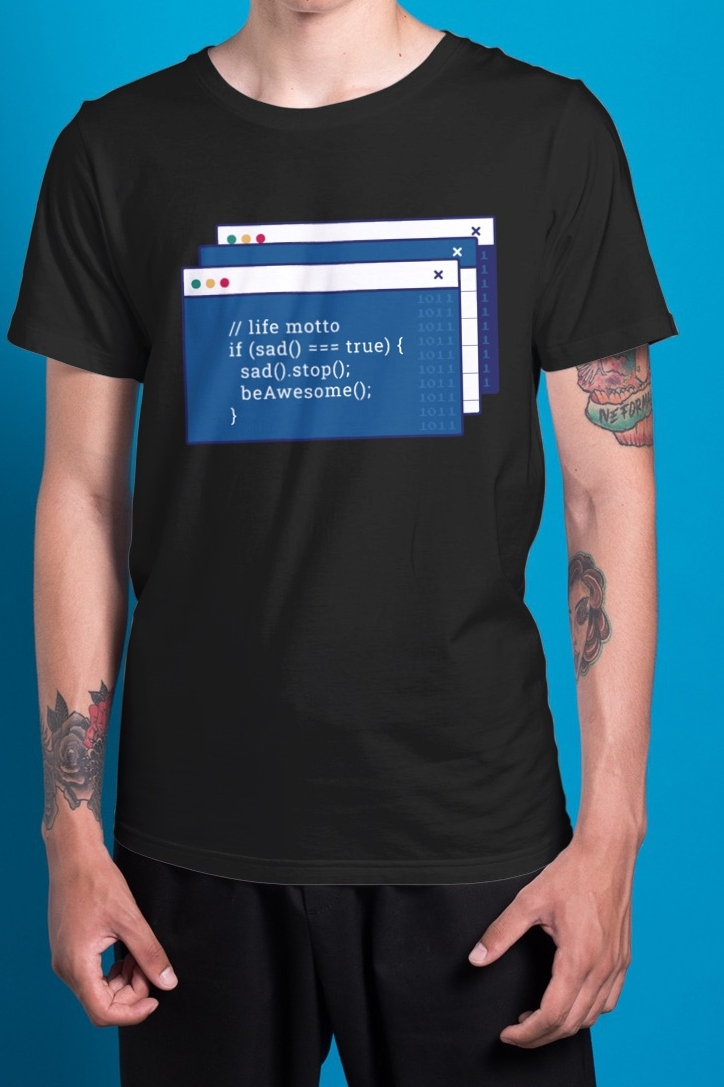 A man wearing a black t-shirt with a Coding is Fun computer screen on it, made by Printify.