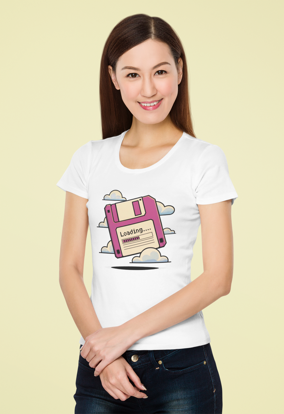 'Floppy Disk Loading' t-shirt in white, woman wearing it in studio, funny retro computer gift