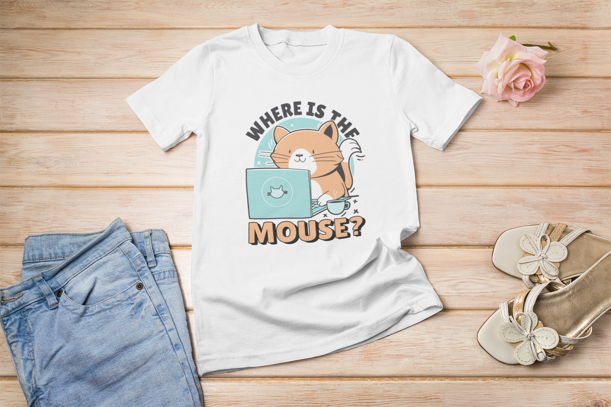 'Where Is the Mouse?' cat and laptop t-shirt in white, flat lay styled with denim and sandals, funny gift for coders