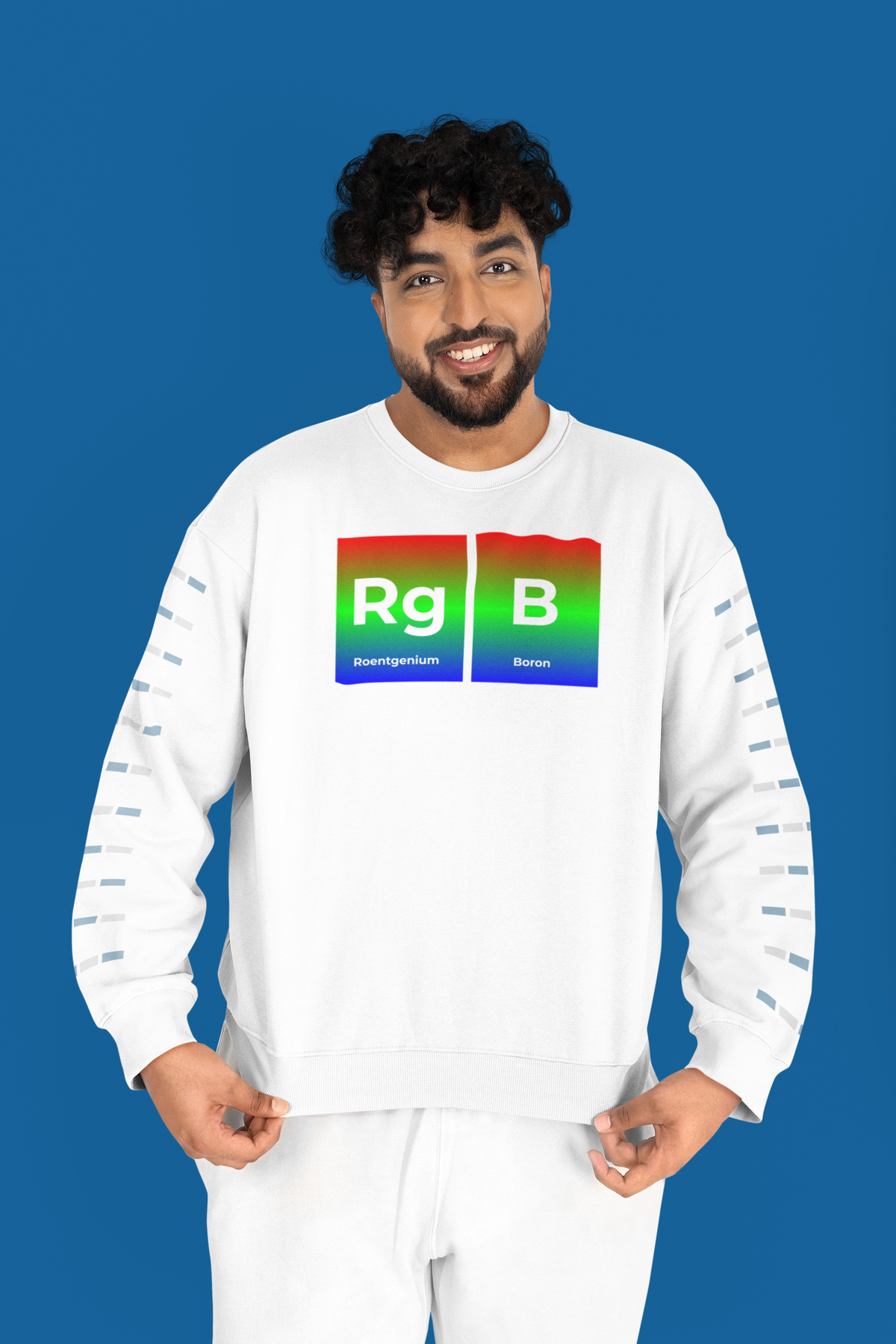 'RG-B' periodic table sweatshirt in white, man wearing it on a blue background, funny science gift