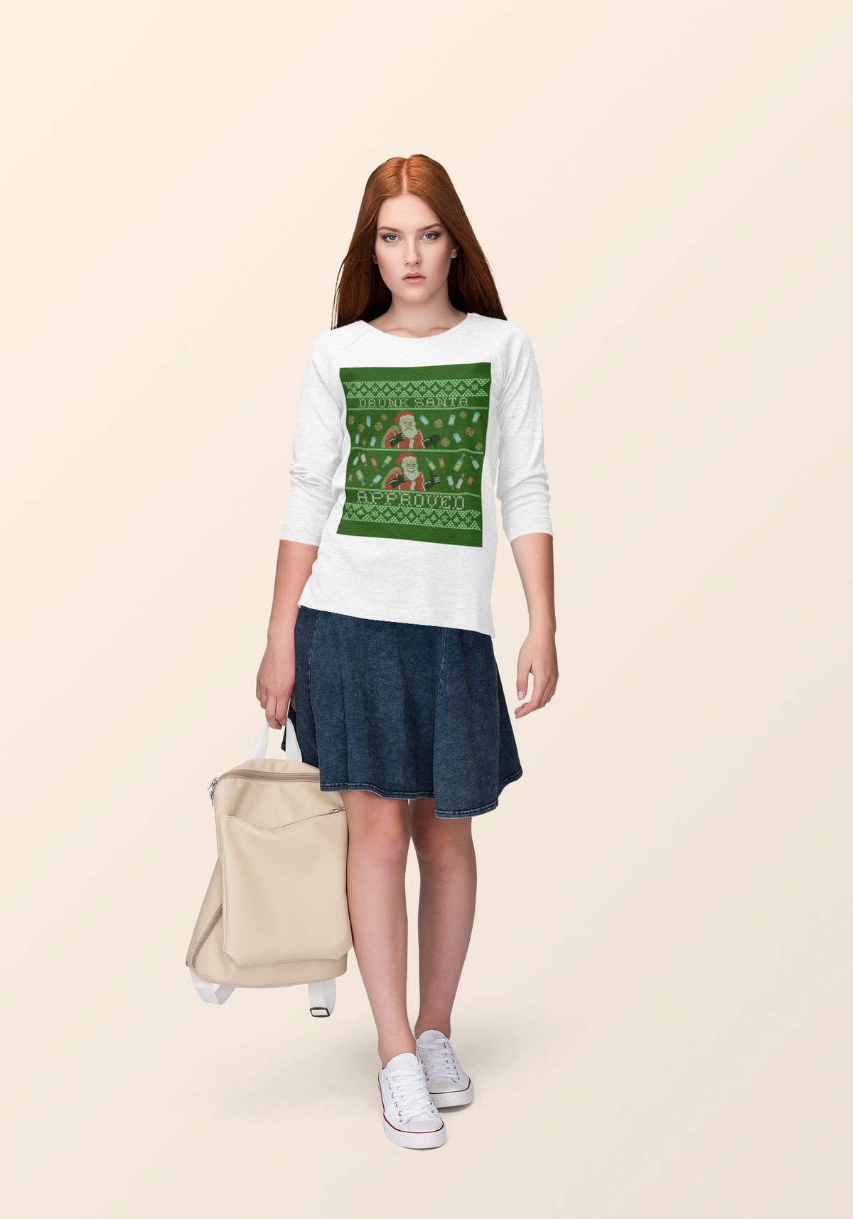 'Drunk Santa Approved' ugly christmas sweatshirt in white, woman wearing it, funny holiday party gift