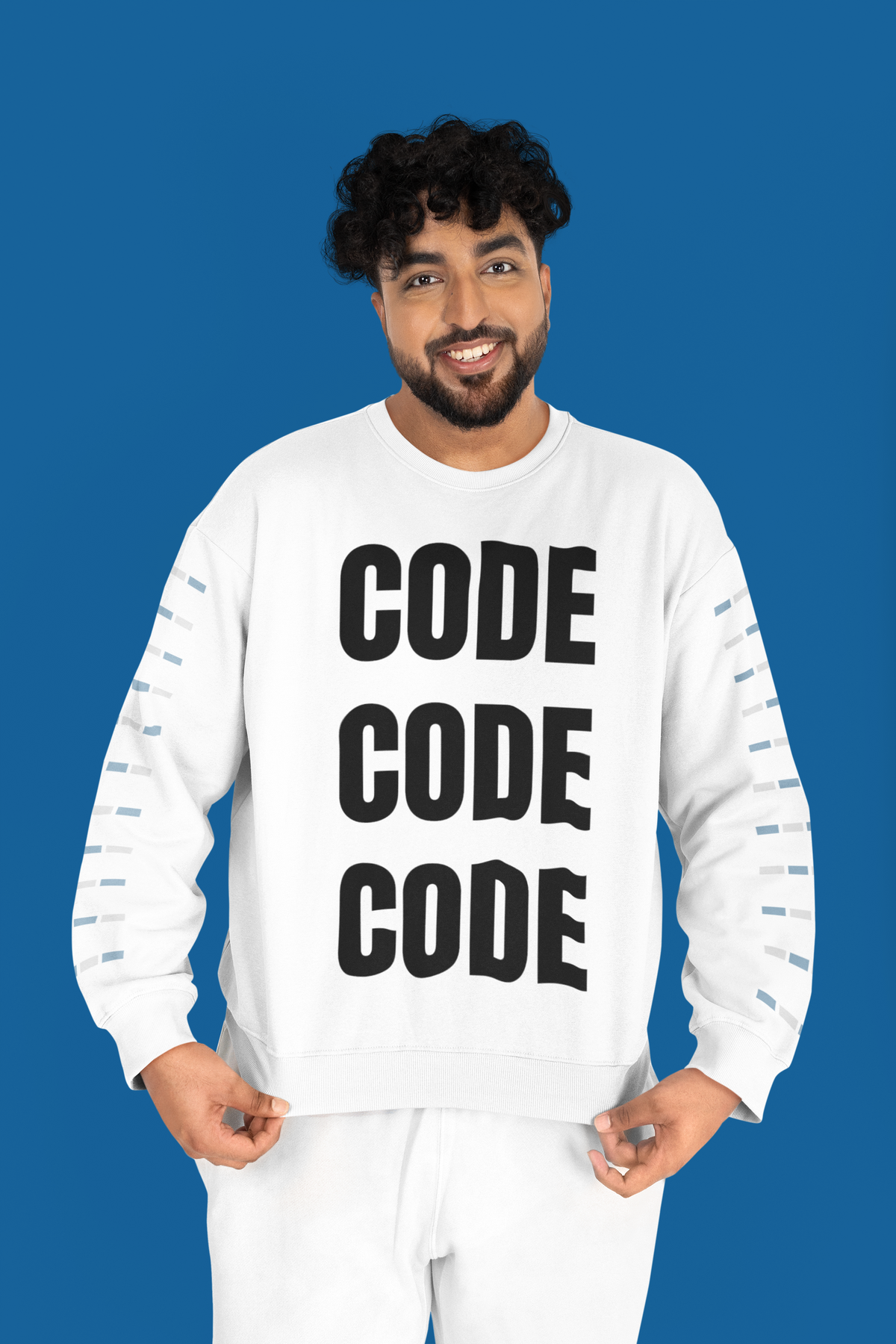 "Code Code Code" sweatshirt in white, man flexing on a blue backdrop, funny programmer gift sweatshirt