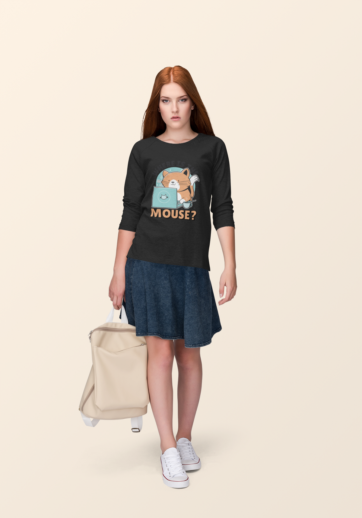"Where Is The Mouse?" cat graphic tee in black, redhead woman wearing it with a suitcase, cat lover style