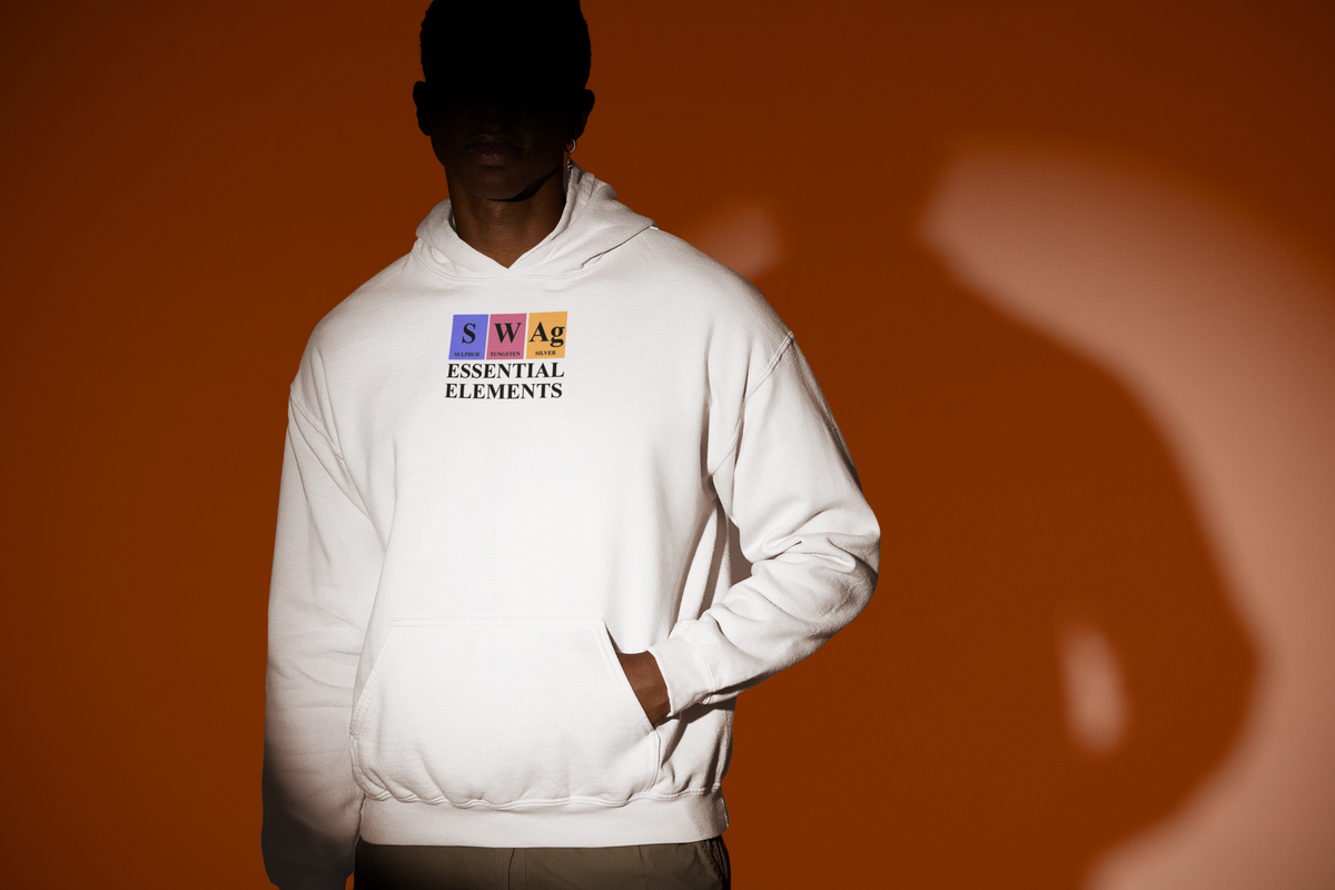 'S-W-Ag Periodic Table Hoodie' in white, man under a spotlight, Hoodie mockup, Geekpsters