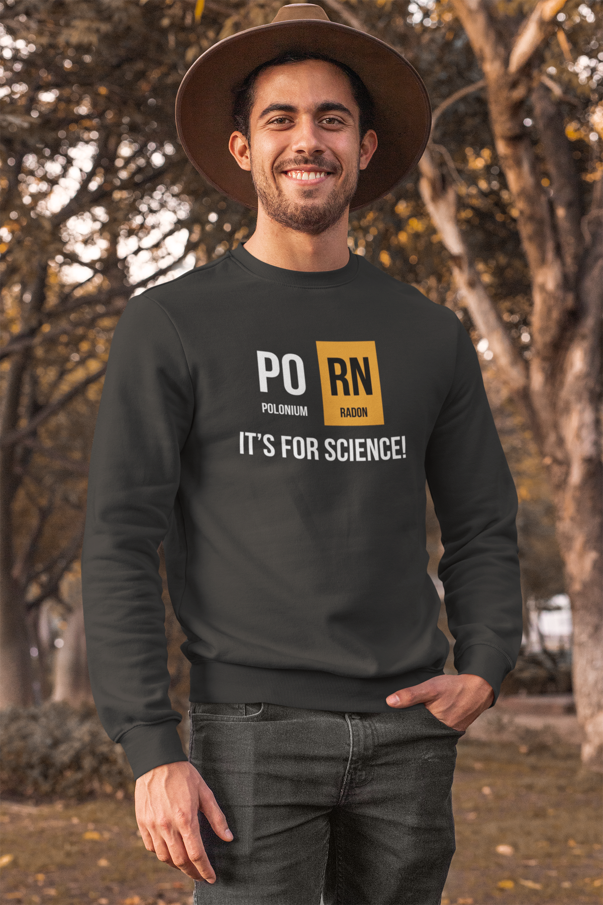 'PO-RN, It's for Science!' periodic table sweatshirt in charcoal, man wearing it outdoors, funny science gift