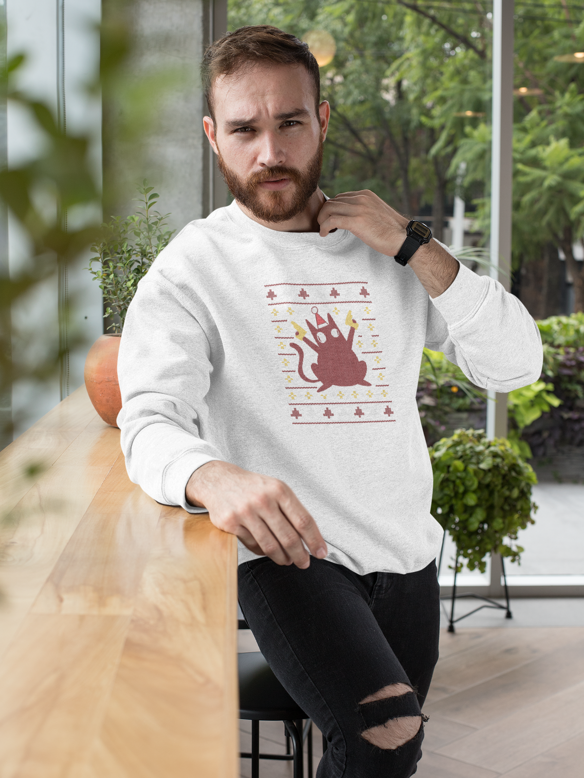 Ugly Sweater Cat Sweatshirt | Funny Cat Christmas Crewneck | Holiday Gift for Cat Lovers | Geekpsters
