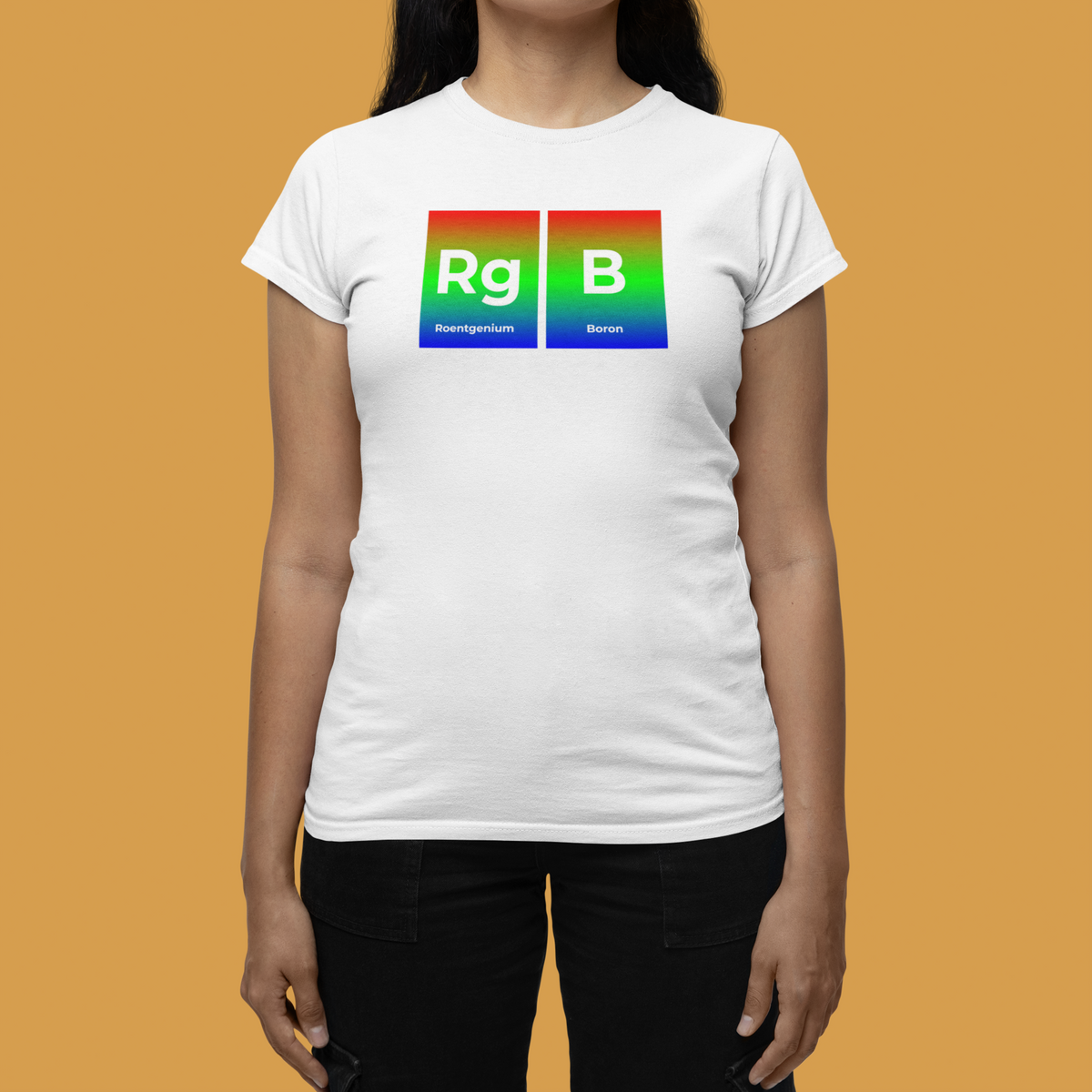 'RG-B' periodic table women's tee in white, woman modeling it on orange background, funny science gift
