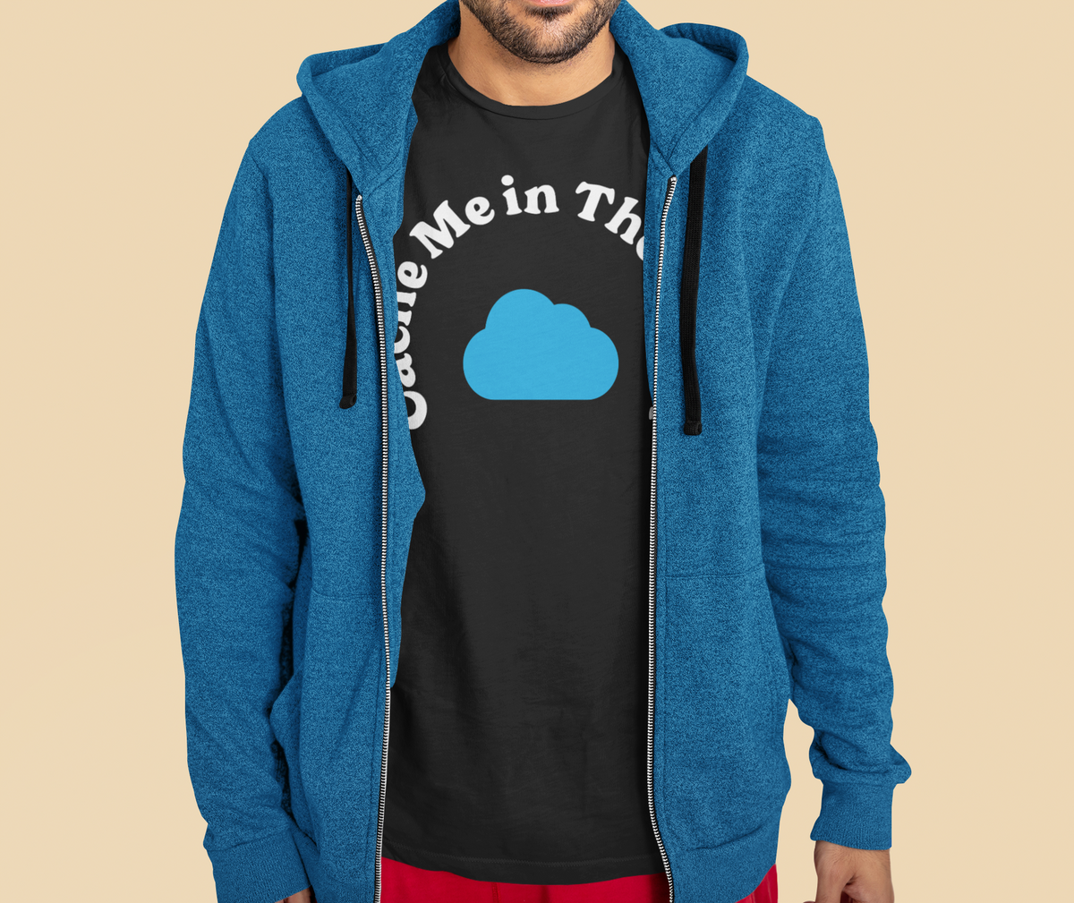 'Cache Me in The Cloud' t-shirt in black, bearded man wearing it under an open hoodie, funny gift for coders