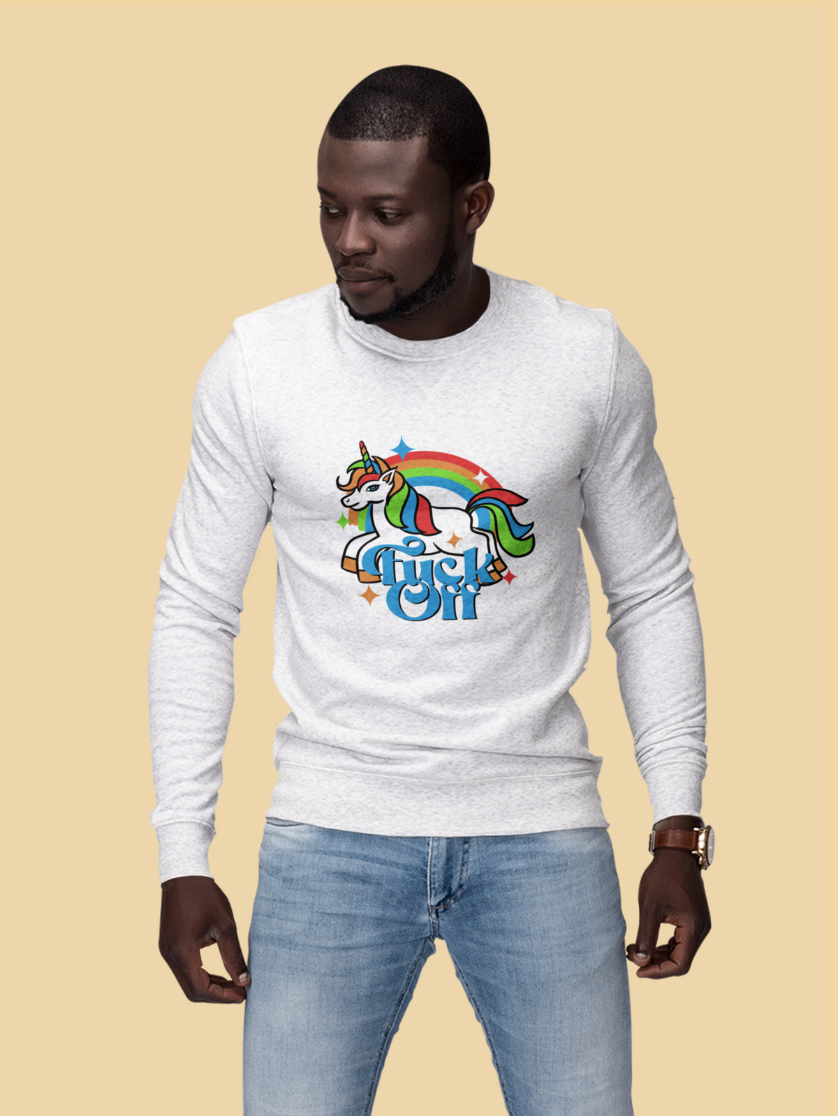 F Off Sweatshirt in heather gray, man wearing it outdoors, funny unicorn graphic crewneck gift