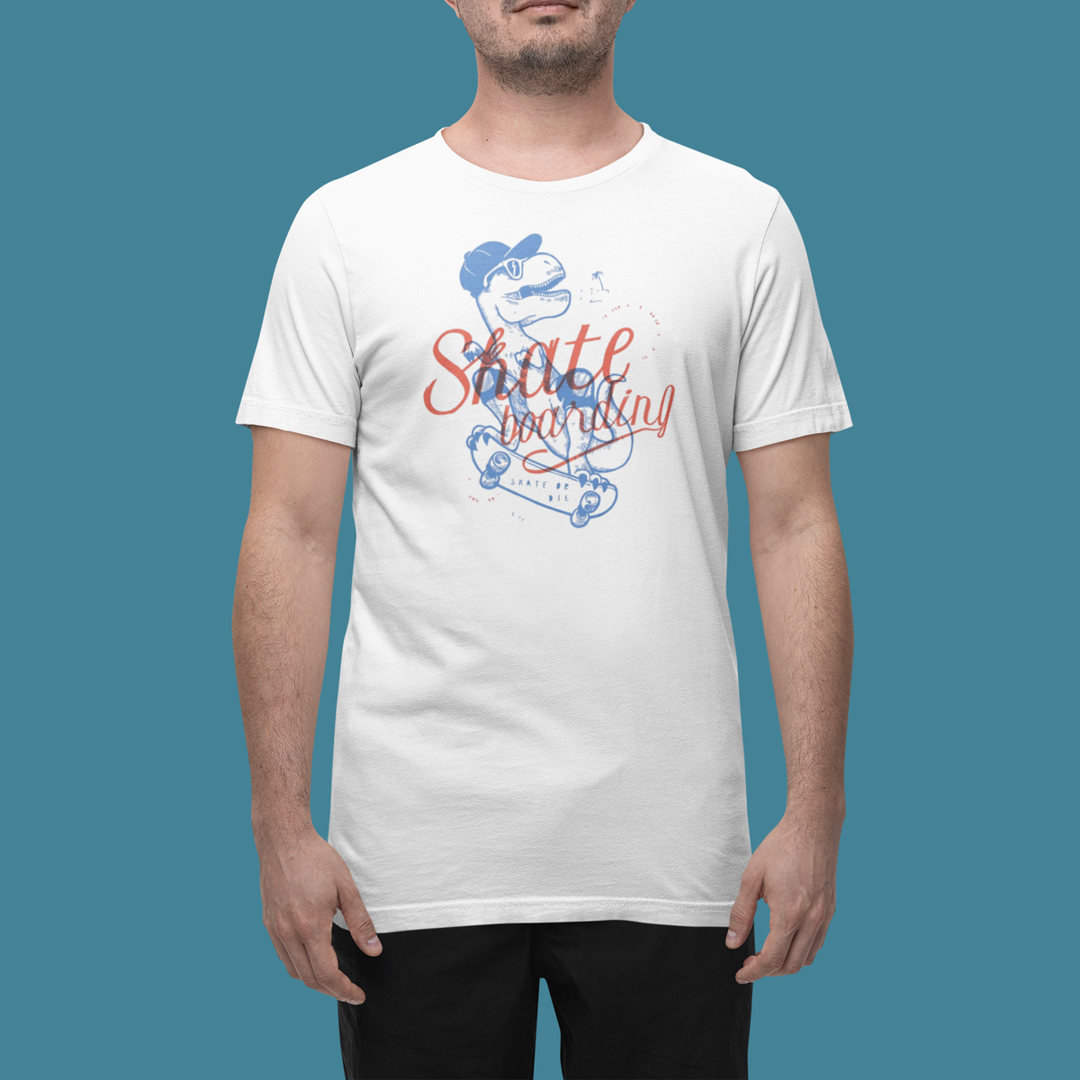 'Dino skate boarding' t-shirt in white, man wearing it in a studio, T-Shirt mockup, Geekpsters