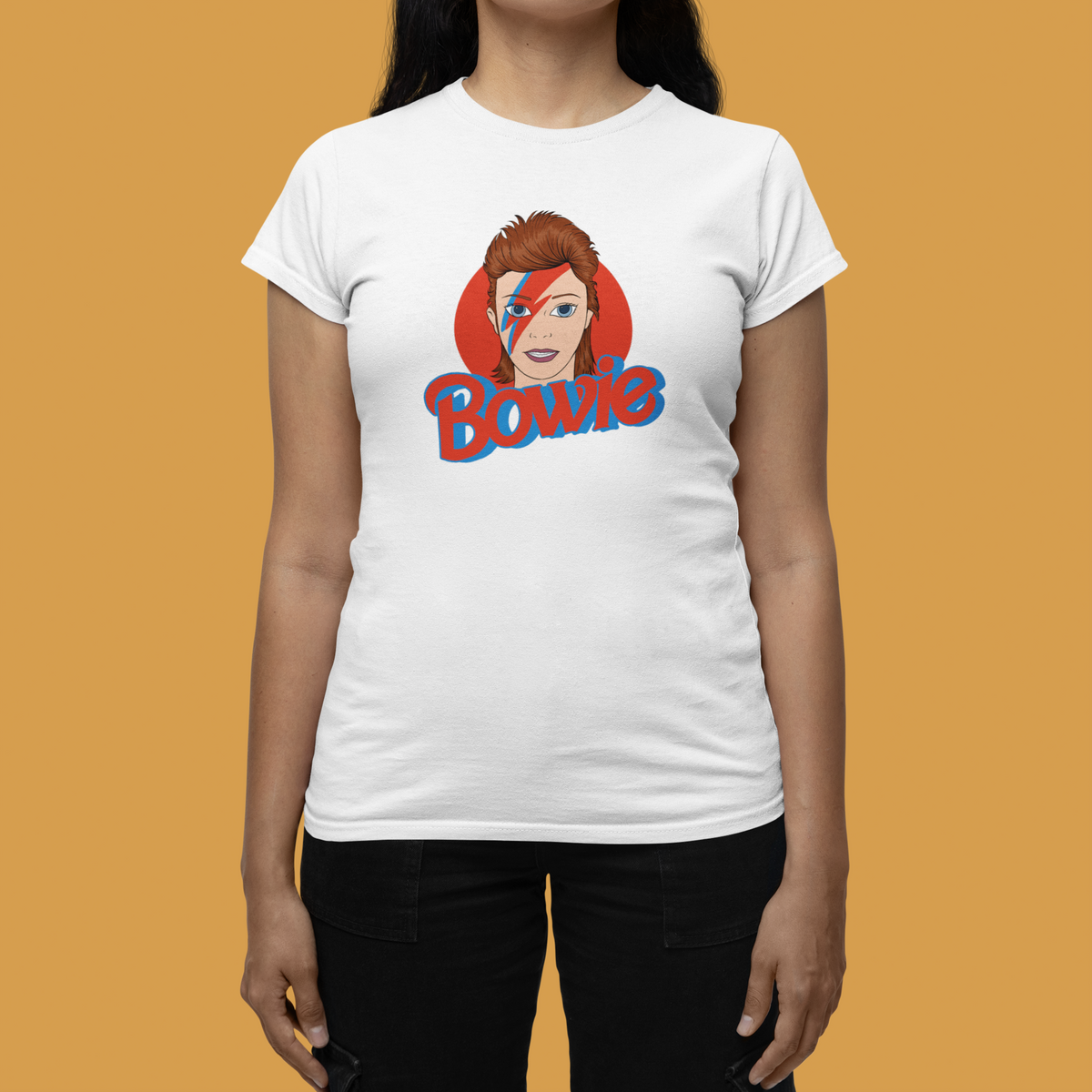Bowie lightning bolt graphic tee in white, close-up on tan backdrop, David Bowie fan gift for her