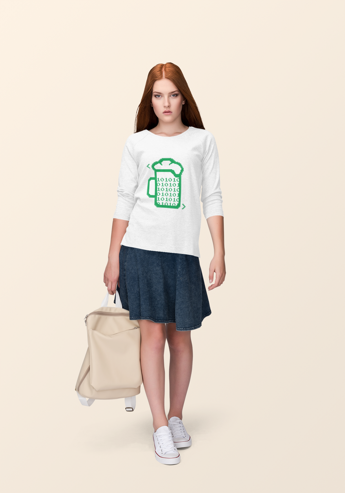 Beer Code binary mug sweatshirt in white, redhead woman wearing it with a suitcase, geek gift style